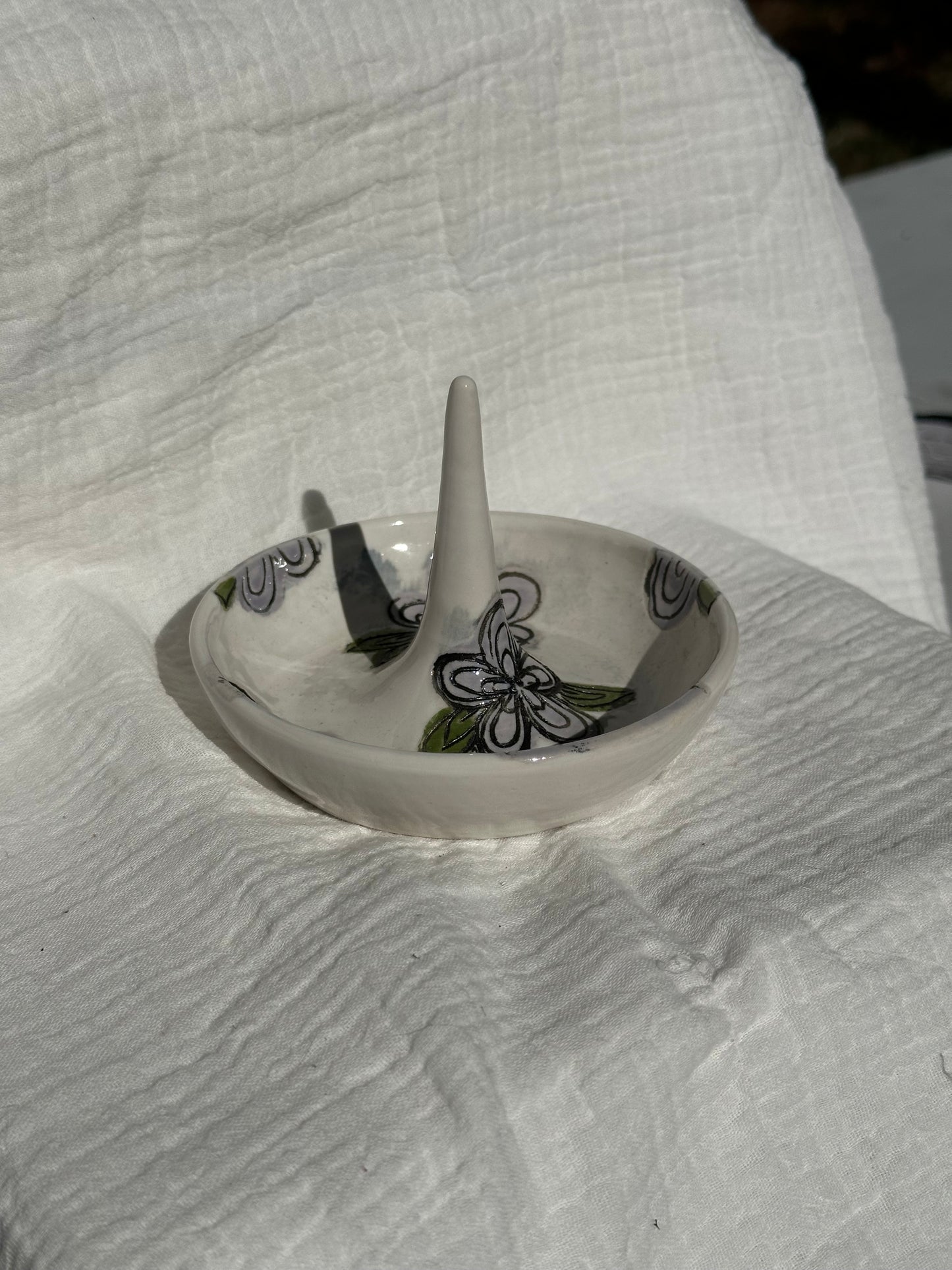 Ceramic Stoneware Carved Ring Dish Botanical Floral Pottery Floral