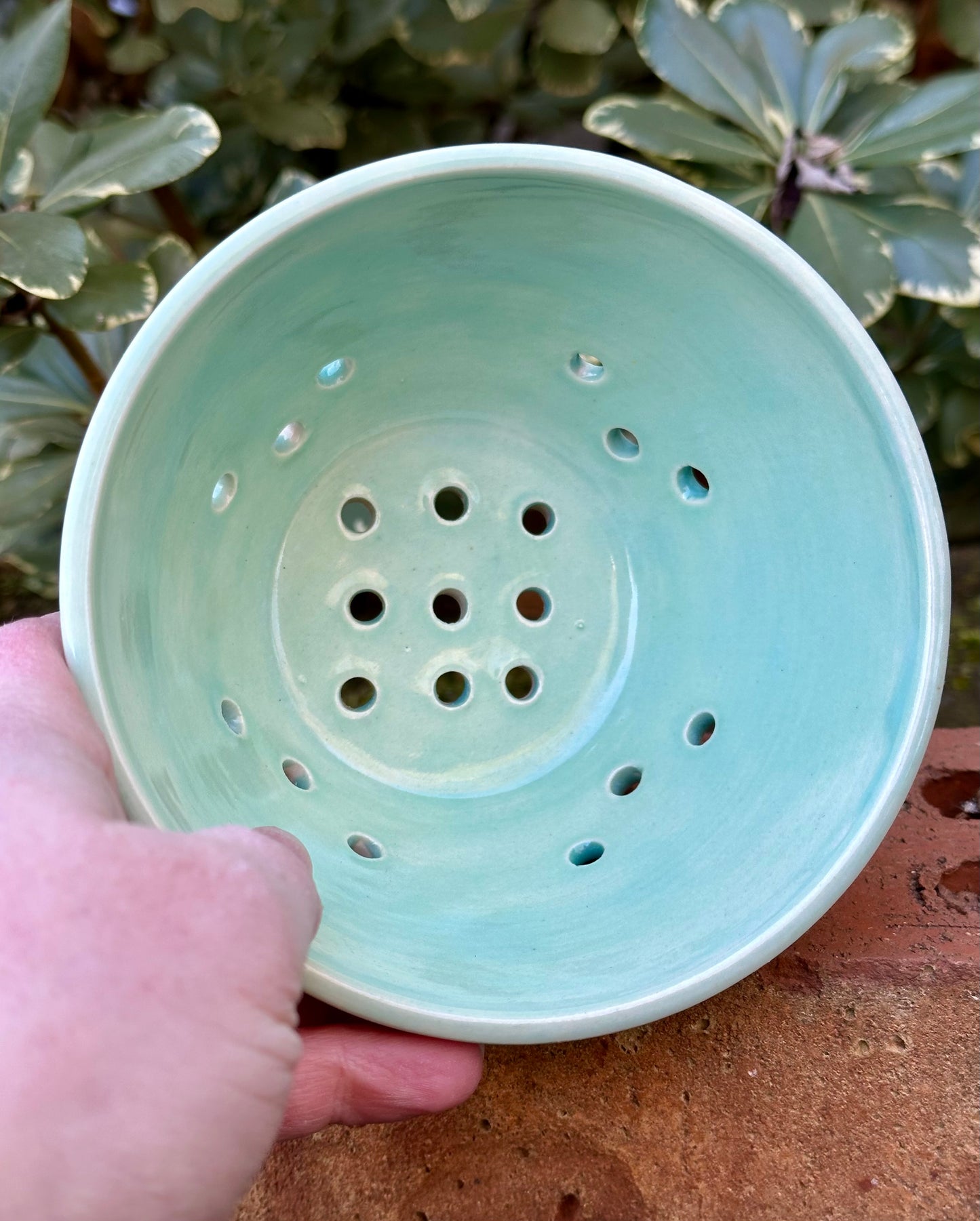 Ceramic Stoneware Robins Egg Green Berry Bowl Colander Pottery