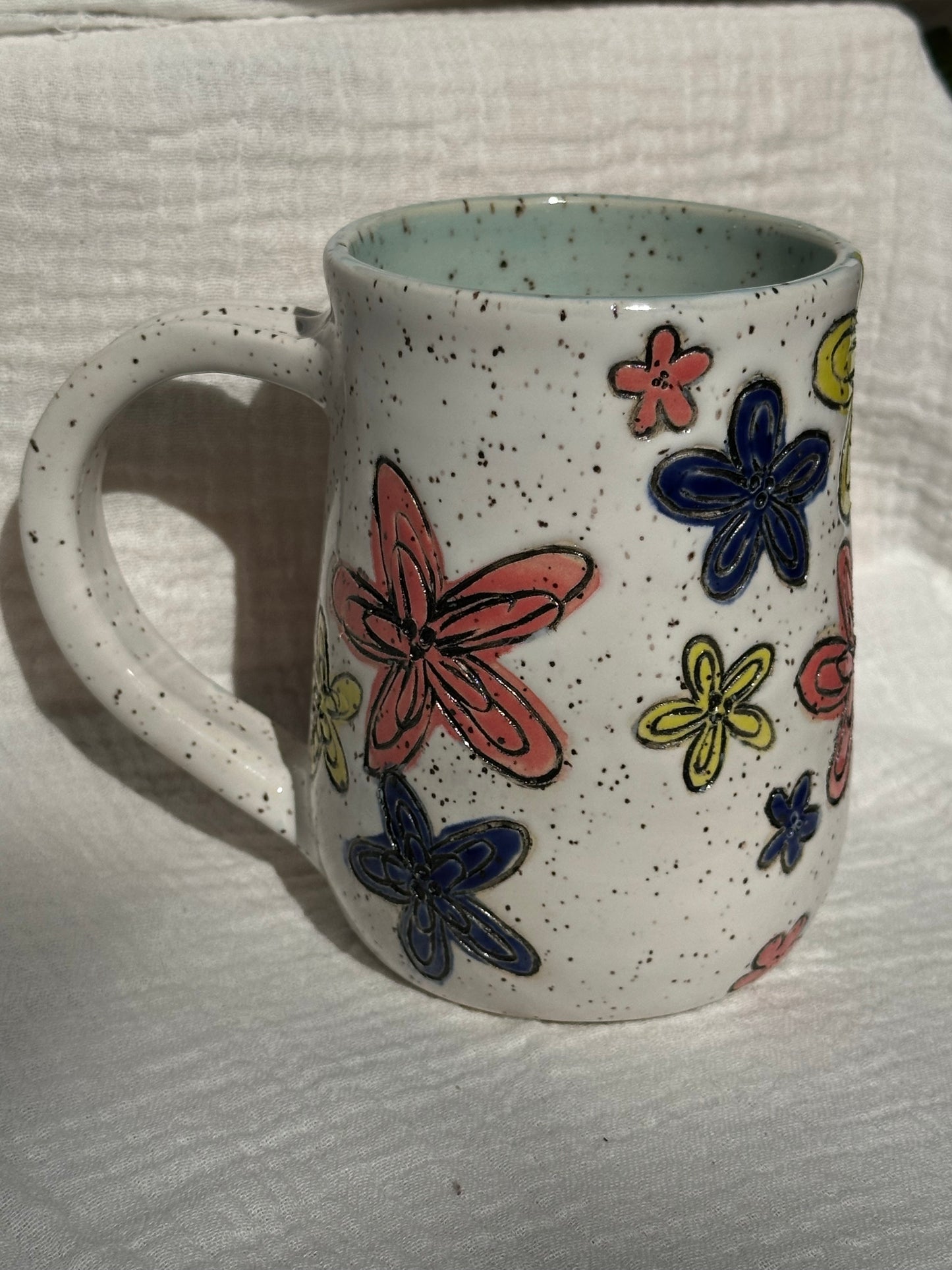 Ceramic Stoneware Carved Pink Yellow and Blue Multi Colored Flowers Coffee Tea Mug Cup Botanical Floral Pottery Floral Pride