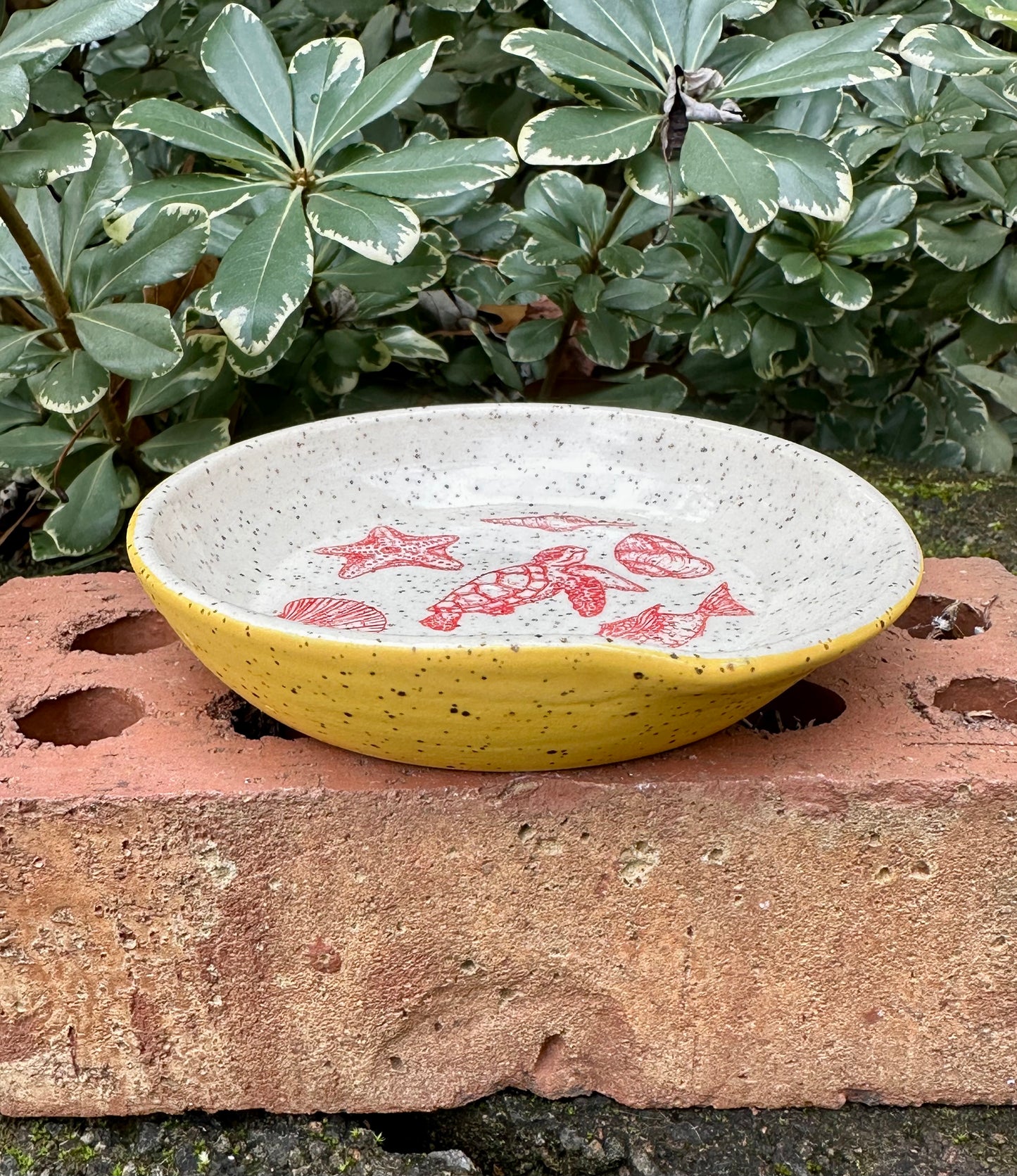 Ceramic Stoneware Yellow Beach Theme On Speckled Clay Spoon Rest Serving Pottery