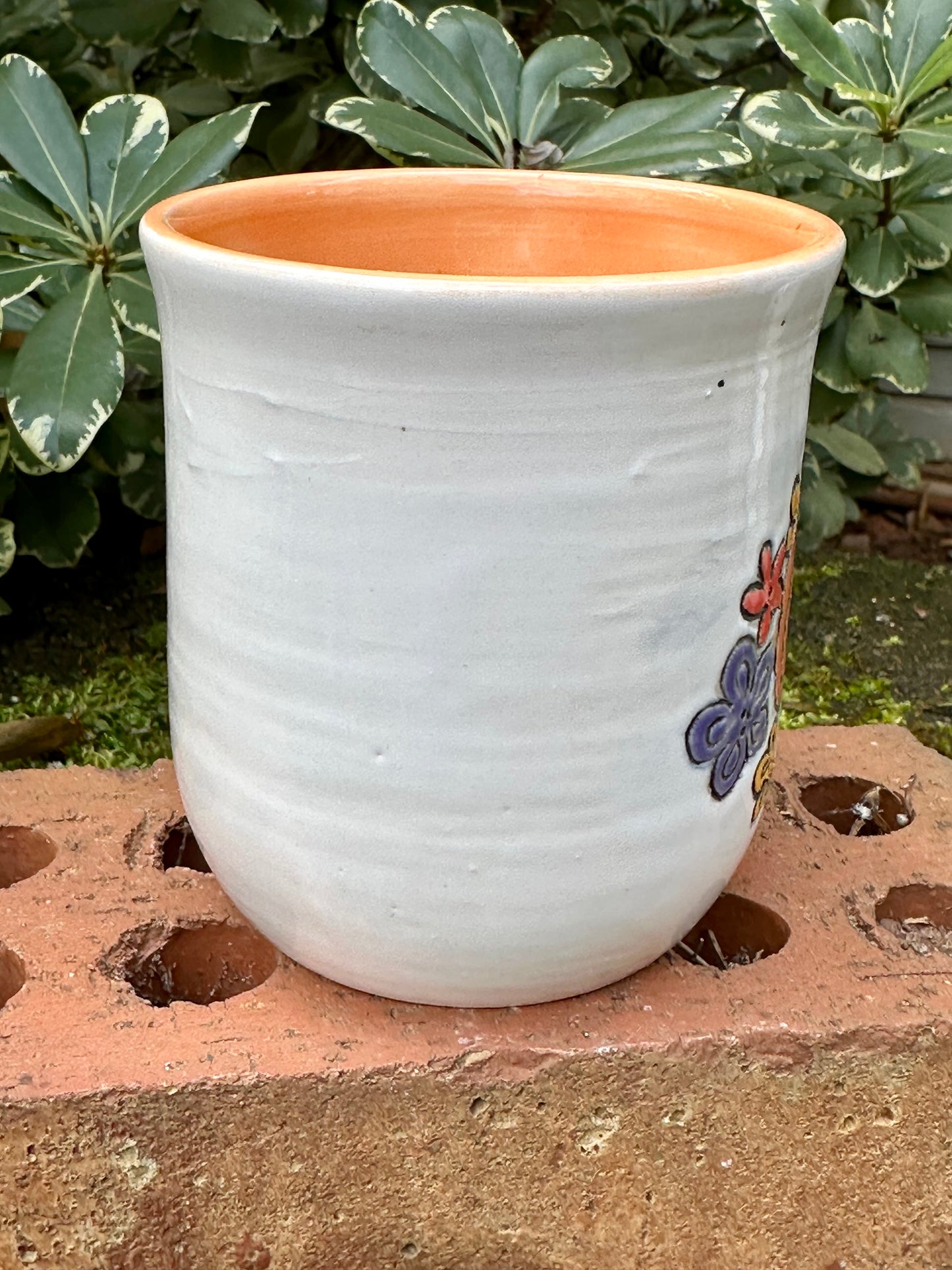 *Second* Ceramic Stoneware Carved Pumpkin with Blue, Orange and Yellow Flowers Coffee Tea Mug Cup Botanical Floral Pottery