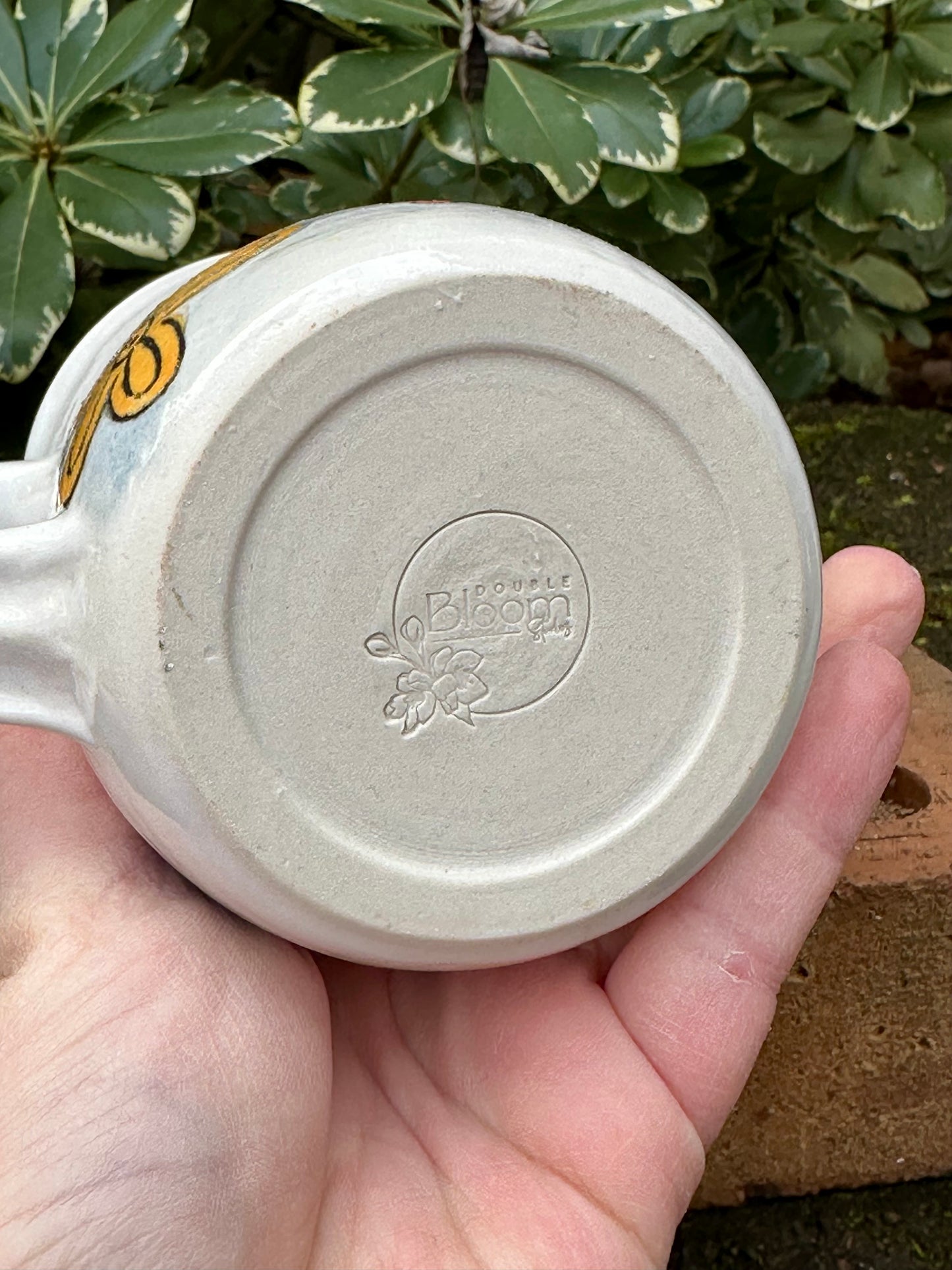 *Second* Ceramic Stoneware Carved Pumpkin with Blue, Orange and Yellow Flowers Coffee Tea Mug Cup Botanical Floral Pottery