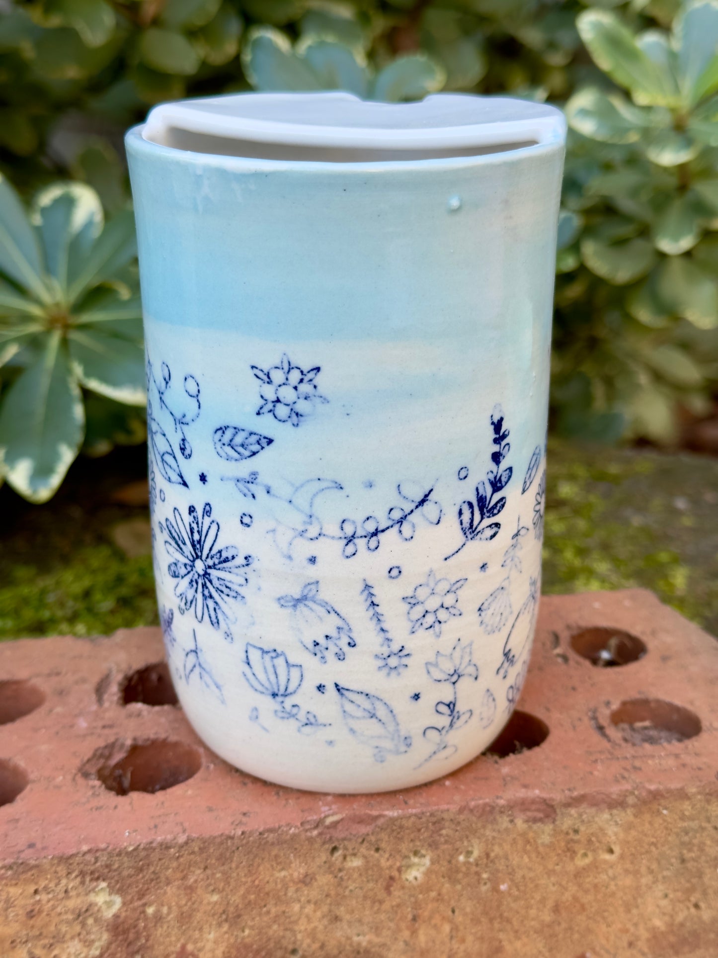 Ceramic Stoneware Blue Flowered Floral To-Go Cup Tumbler Pottery