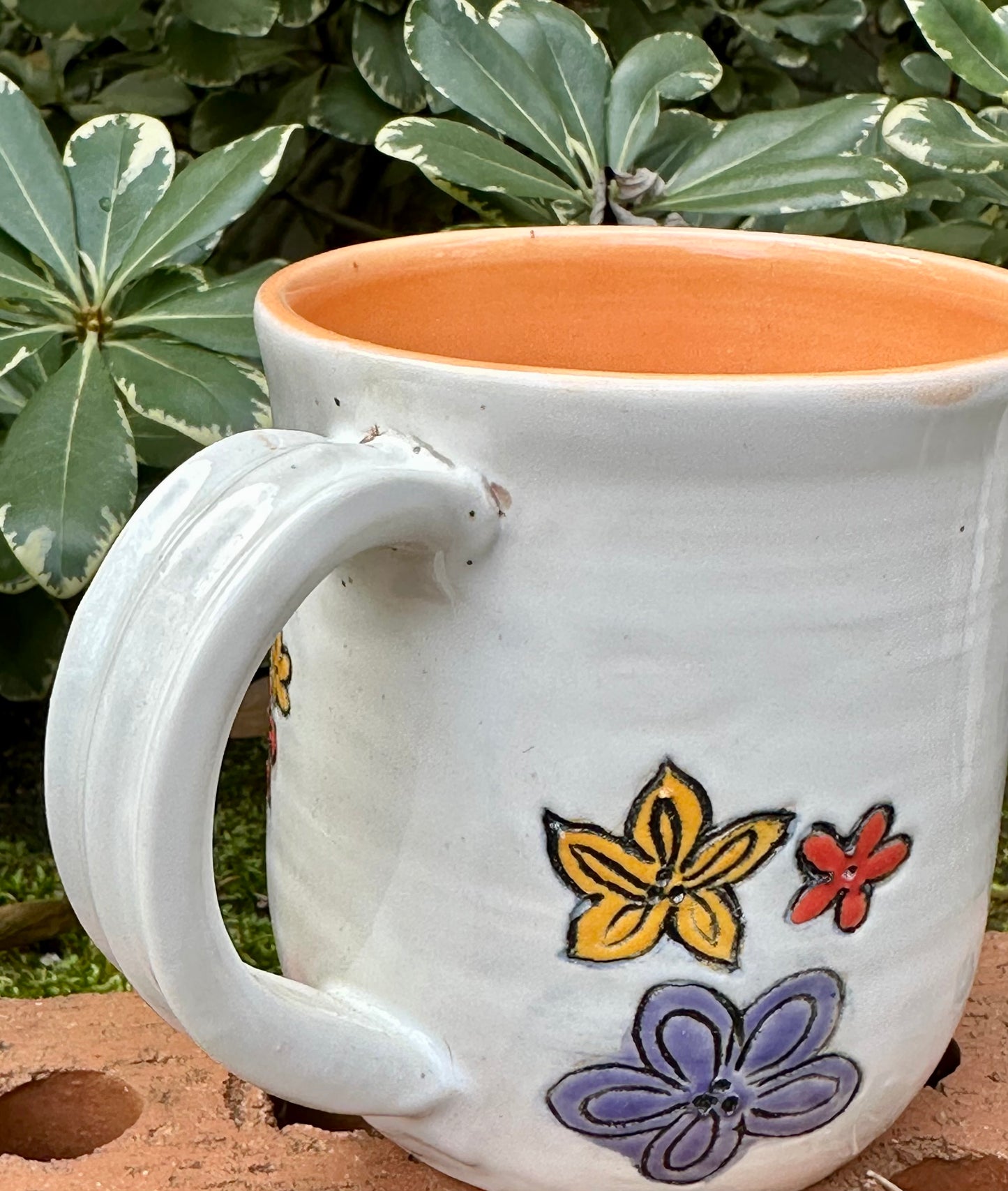 *Second* Ceramic Stoneware Carved Pumpkin with Blue, Orange and Yellow Flowers Coffee Tea Mug Cup Botanical Floral Pottery