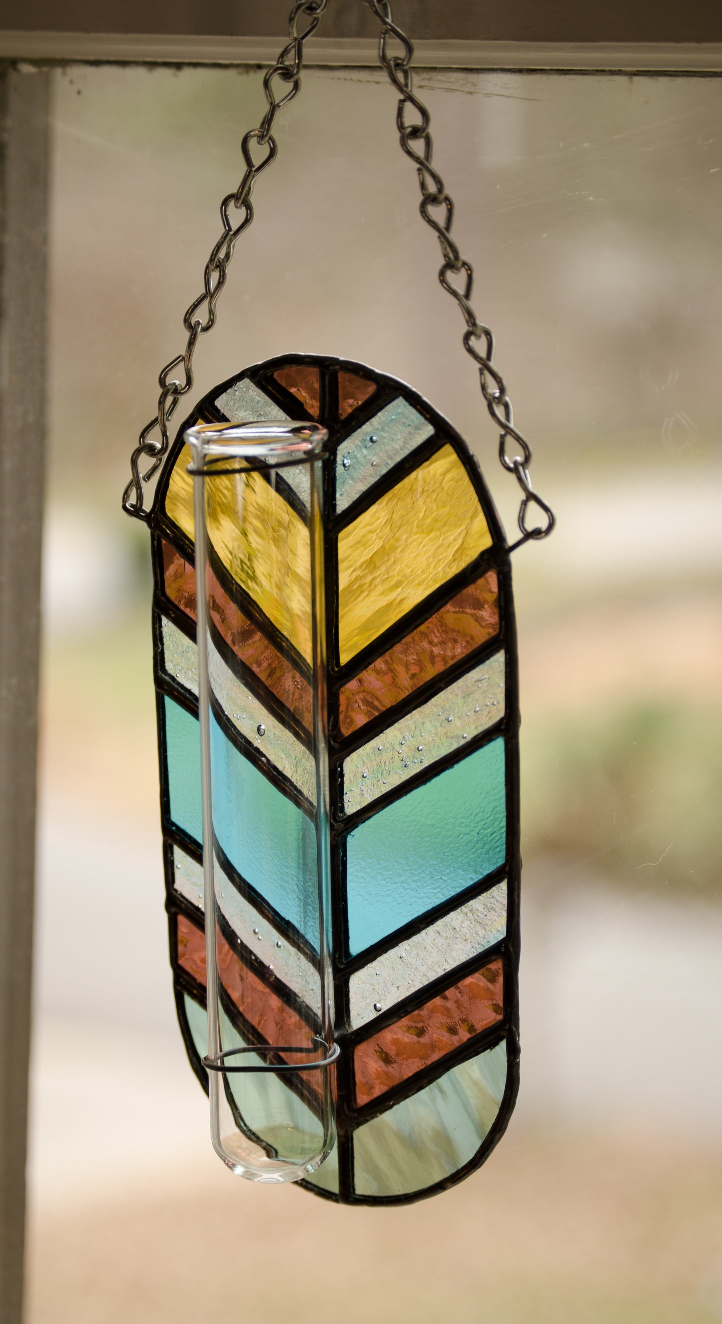 Stained Glass Plant Propagation Station Suncatcher Sun Catcher Chevron Vintage Modern Style Window Hanging Amber Green Purple Blue Handmade Active
