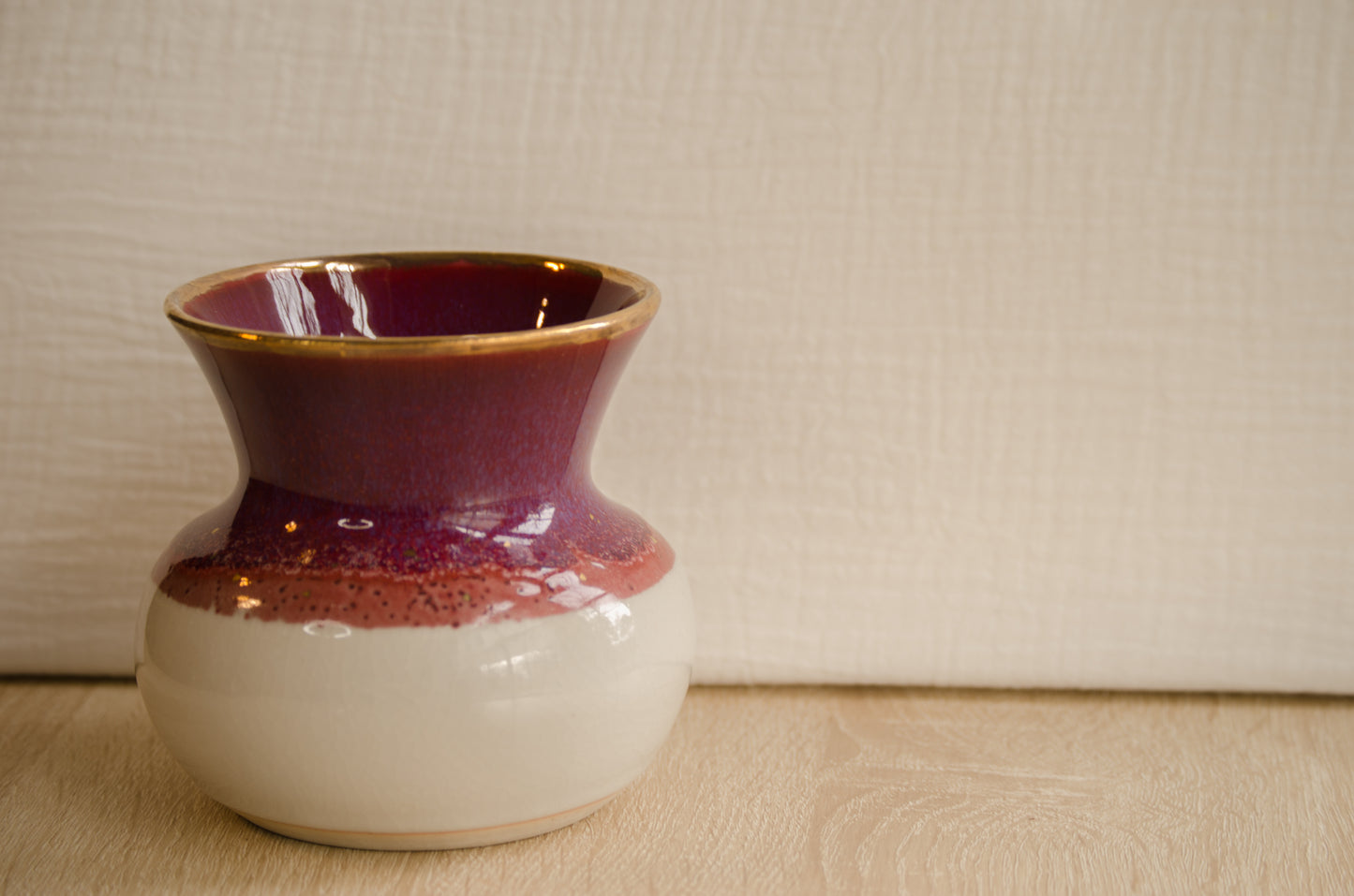 Handmade Ceramic Stoneware Red Pink and White with Gold Luster Accents Flower Bud Vase Pottery