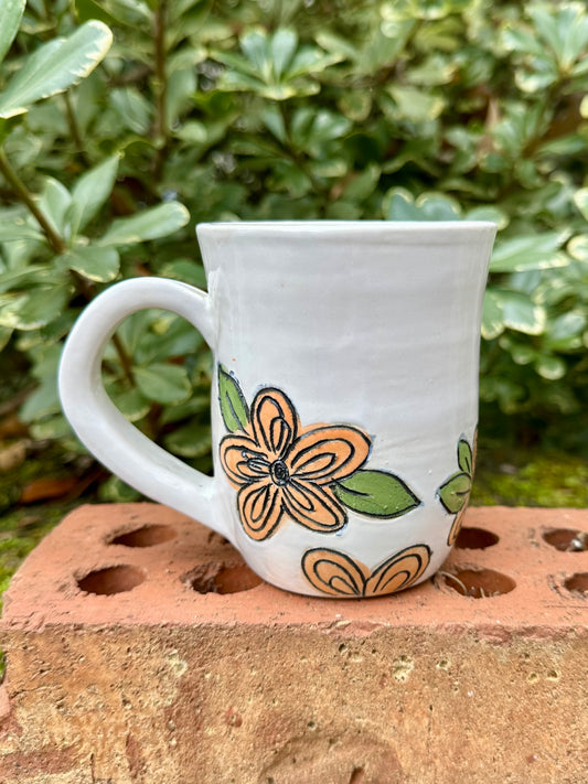 Ceramic Stoneware Carved Orange Flowers Coffee Tea Mug Cup Botanical Floral Pottery Floral Pride