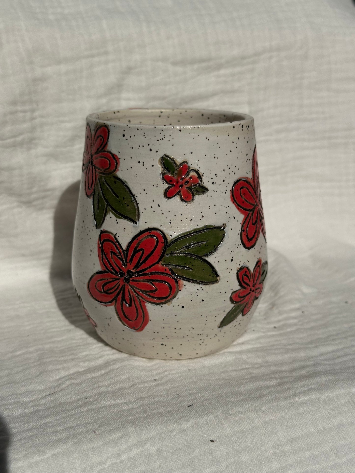 Ceramic Stoneware Carved Red Flowers Wine Whiskey Cup Botanical Floral Pottery Floral Tumbler