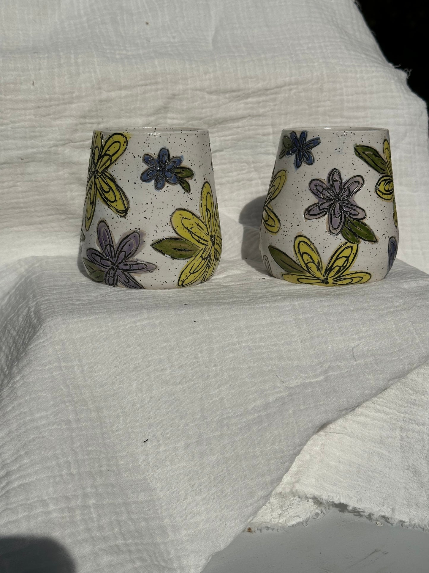 Set of 2 Ceramic Stoneware Carved Flowers Wine Whiskey Cup Botanical Floral Pottery Floral Tumbler