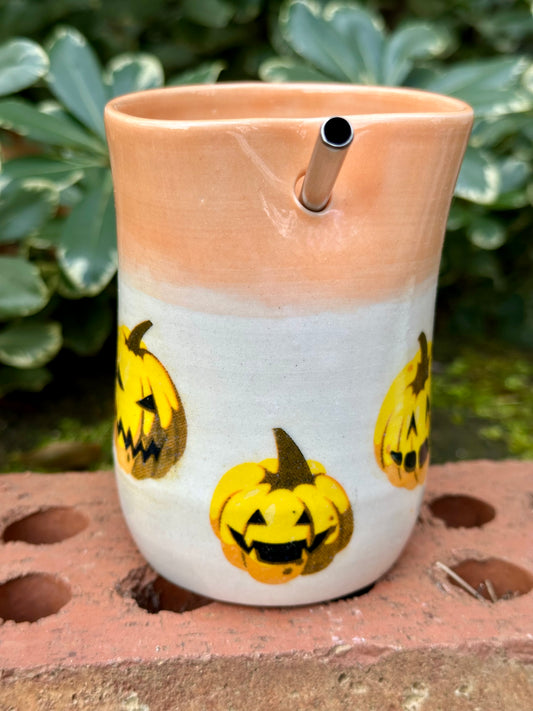 Ceramic Stoneware Halloween Sipper Cup with Straw Coffee Tea Mug Cup Pottery