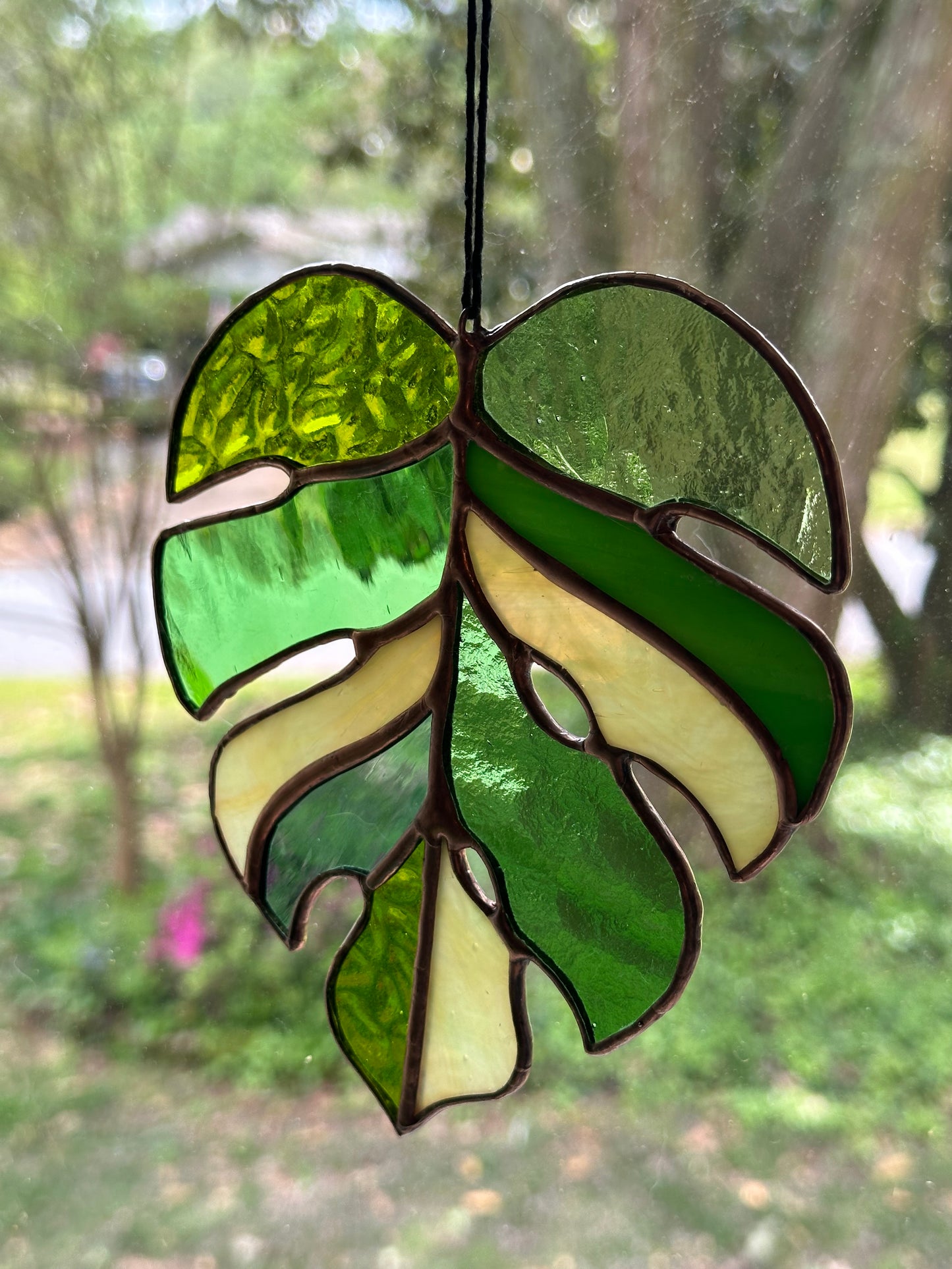 Stained Glass Monstera Leaf Copper Patina Suncatcher Window Decoration Glass Art Plant Lover Gift