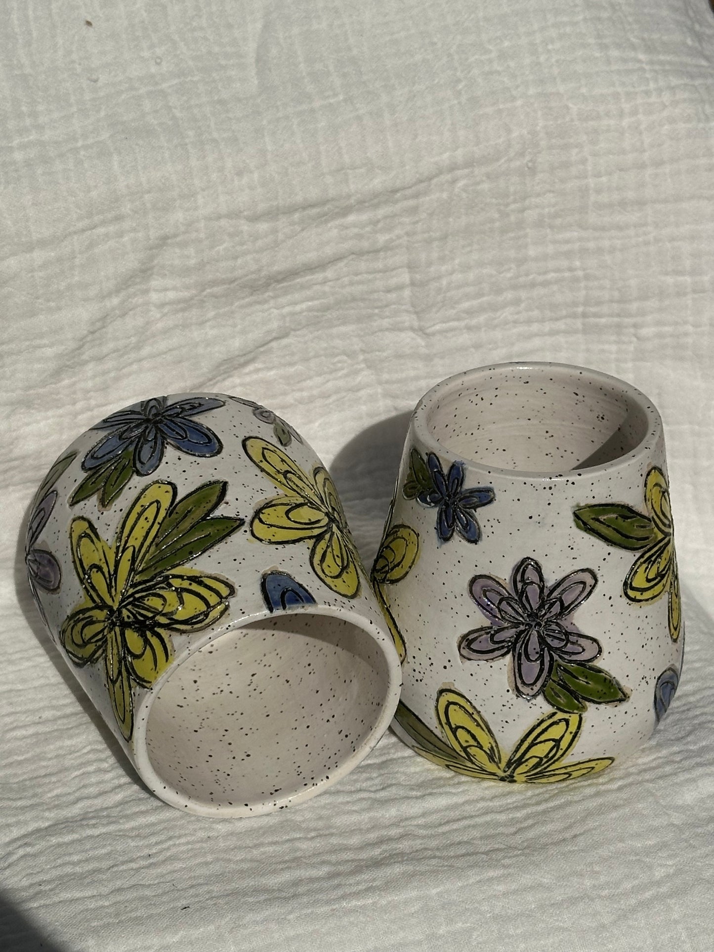 Set of 2 Ceramic Stoneware Carved Flowers Wine Whiskey Cup Botanical Floral Pottery Floral Tumbler