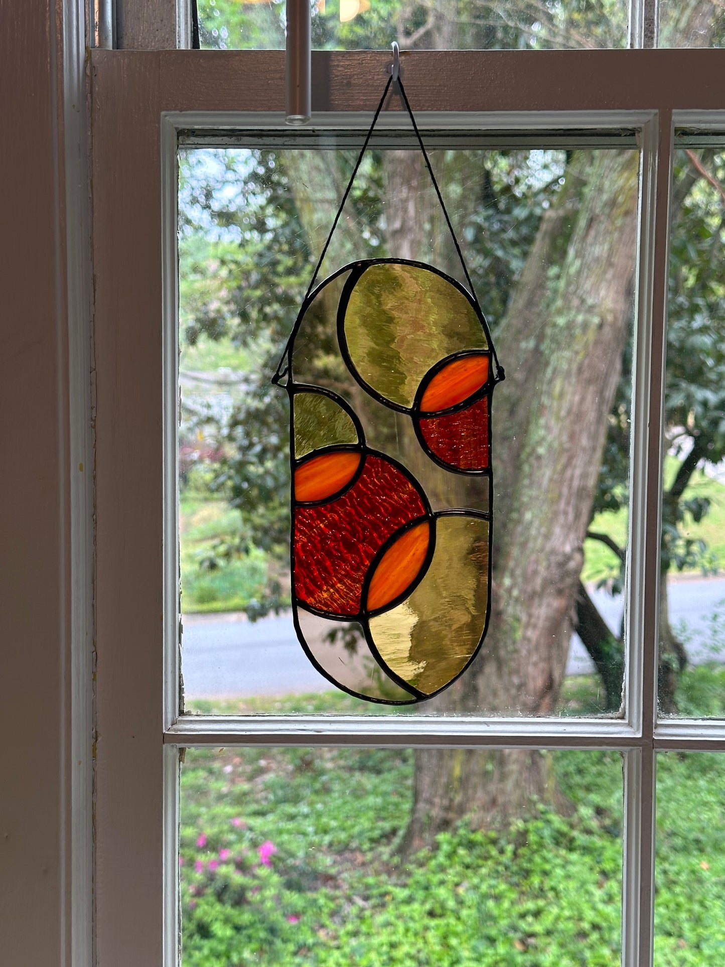 Stained Glass Yellow Red Amber Geometric  Circles Suncatcher Window Decoration Glass Art Gift Sun Catcher