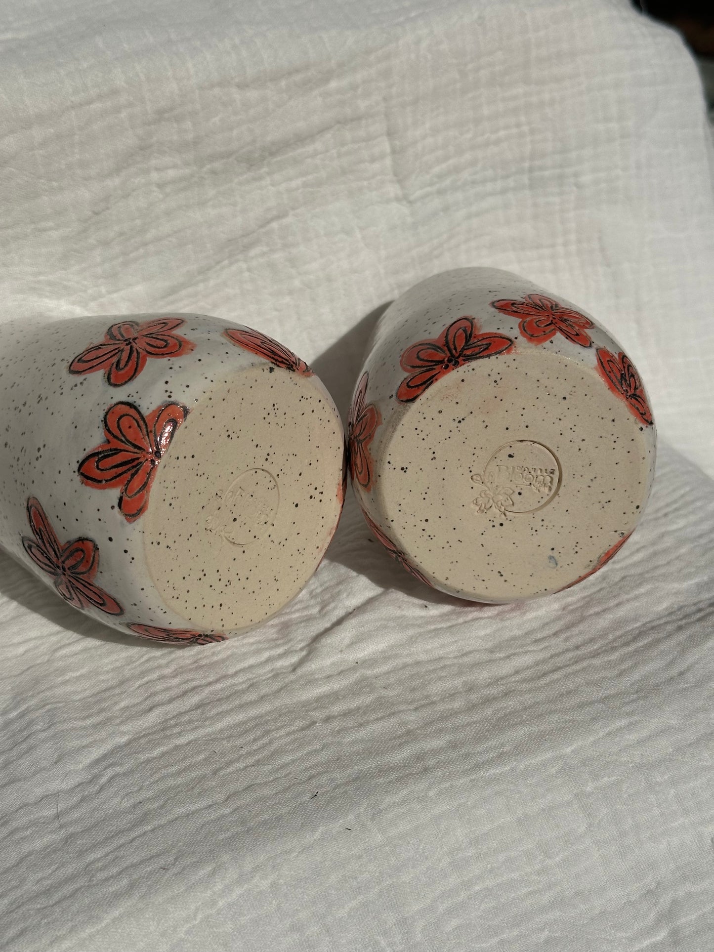 Set of 2 Ceramic Stoneware Red Oeange Carved Flowers Wine Whiskey Cup Botanical Floral Pottery Floral Tumbler