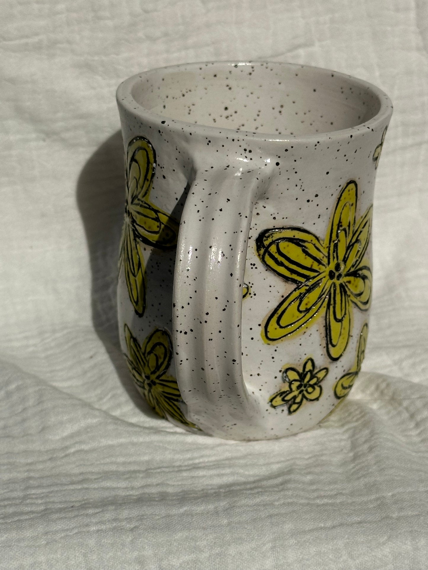 Ceramic Stoneware Carved Yellow Flowers Coffee Tea Mug Cup Botanical Floral Pottery Floral
