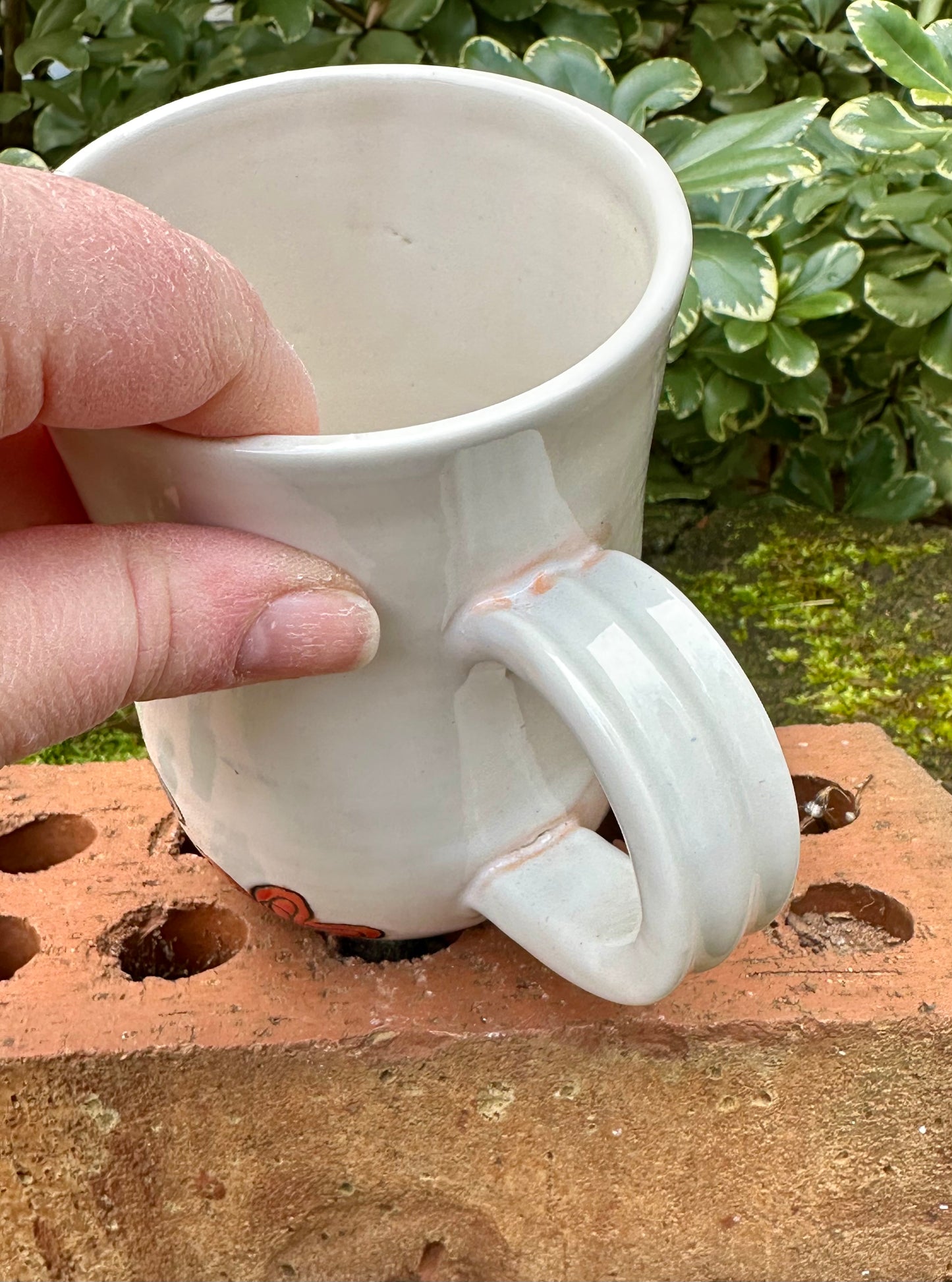 *Second* Ceramic Stoneware Carved Blue, Orange and Yellow Flowers Coffee Tea Mug Cup Botanical Floral Pottery