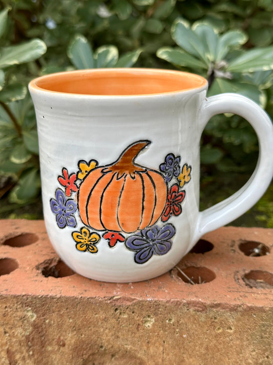 *Second* Ceramic Stoneware Carved Pumpkin with Blue, Orange and Yellow Flowers Coffee Tea Mug Cup Botanical Floral Pottery