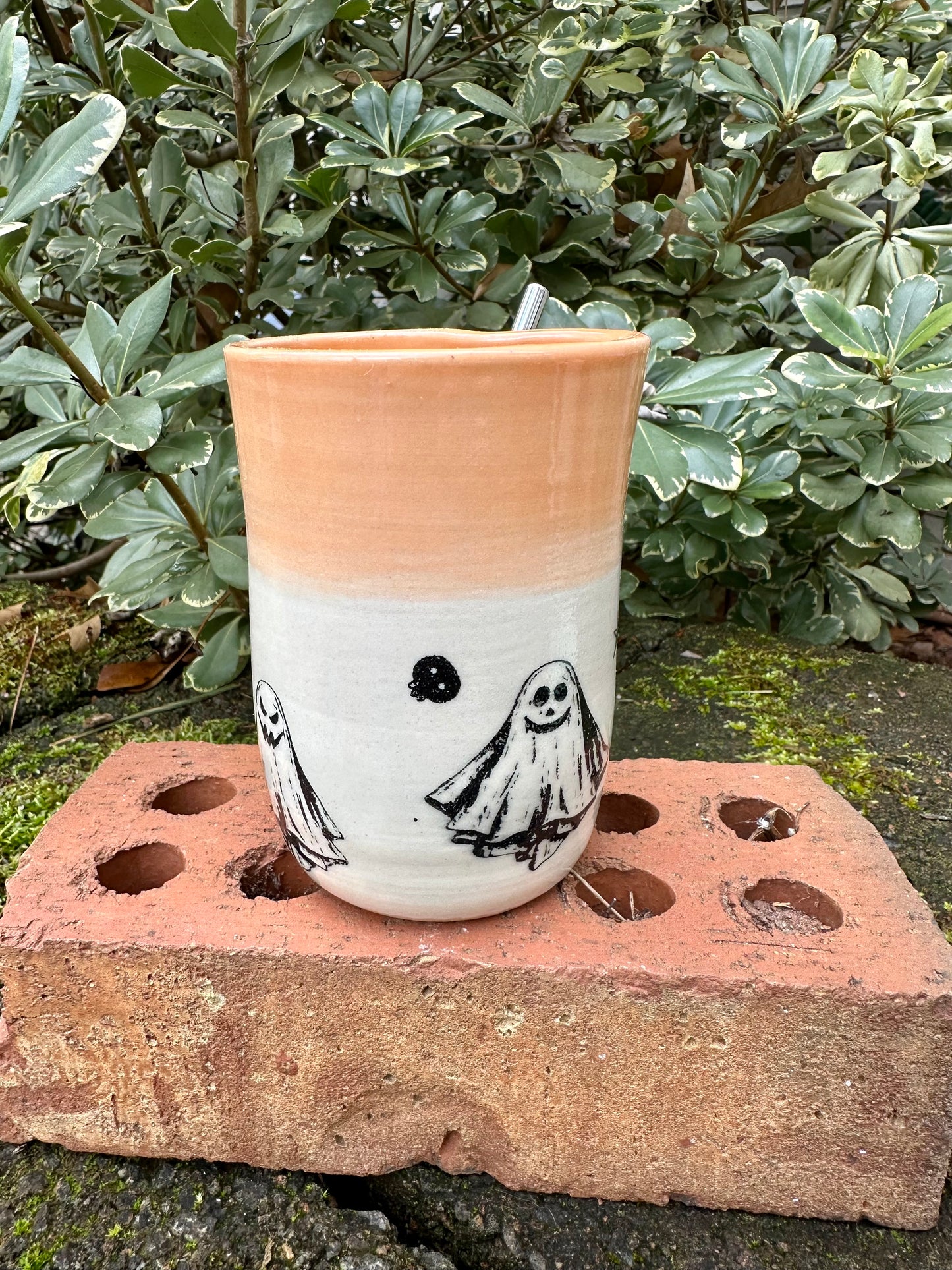 Ceramic Stoneware Halloween Sipper Cup #3 with Straw Coffee Tea Mug Cup Pottery