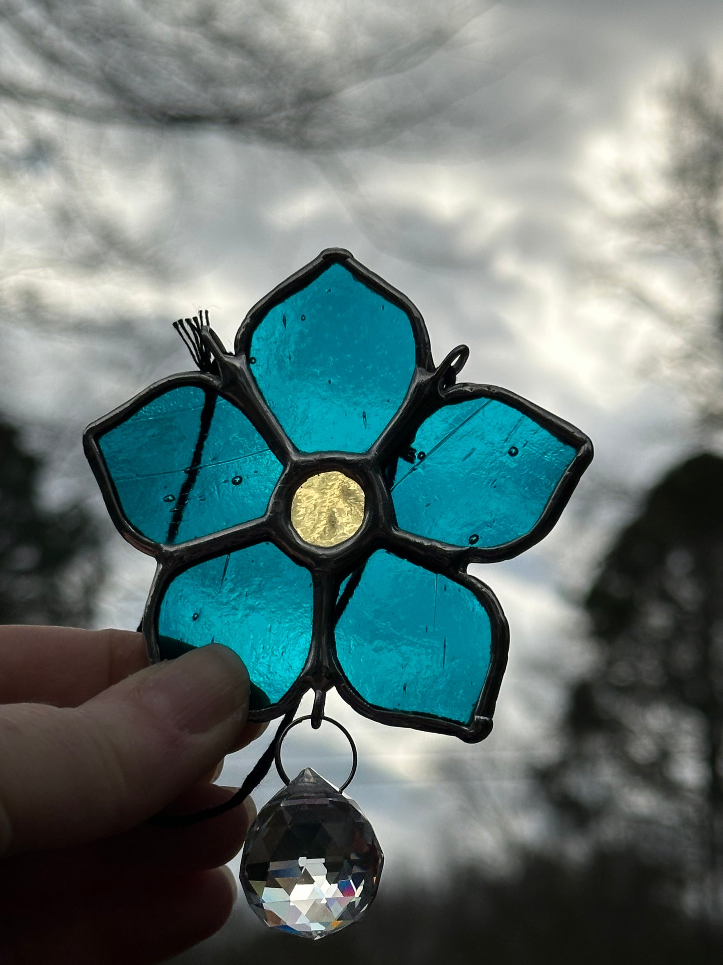 Ready to Ship Stained Glass Blue Floral Rainbow Maker Suncatcher Window Decoration Glass Art Gift