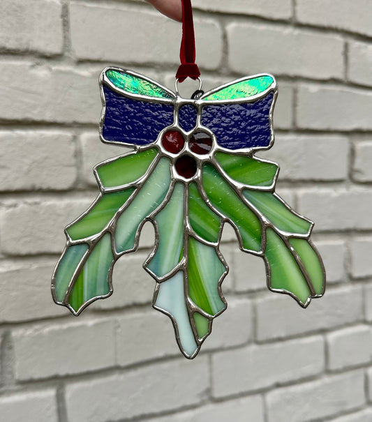 Ready to ship Stained Glass Holly Mistletoe Holiday Garland with Bow Suncatcher Window Decoration Glass Art Plant Lover Gift