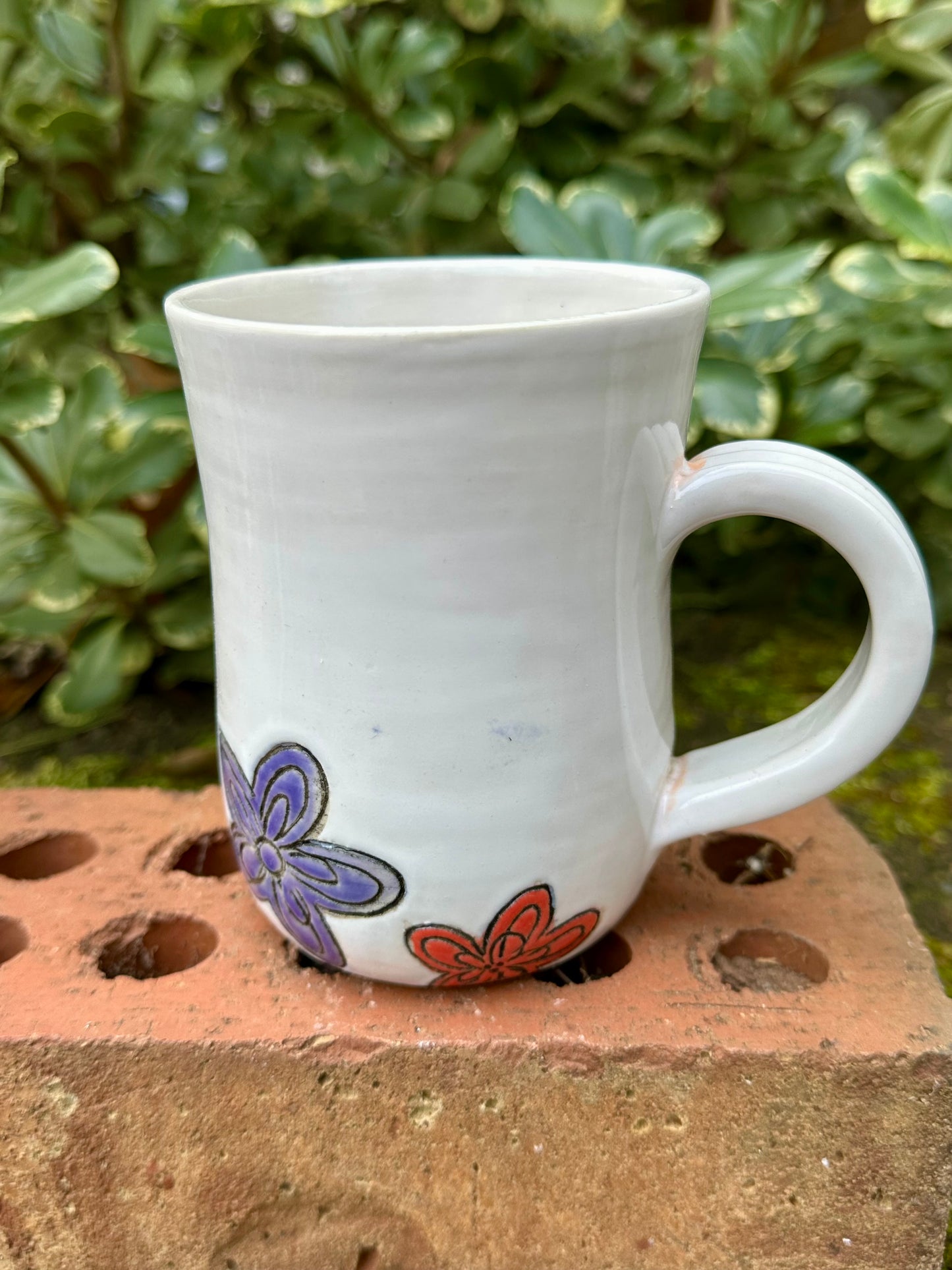 *Second* Ceramic Stoneware Carved Blue, Orange and Yellow Flowers Coffee Tea Mug Cup Botanical Floral Pottery