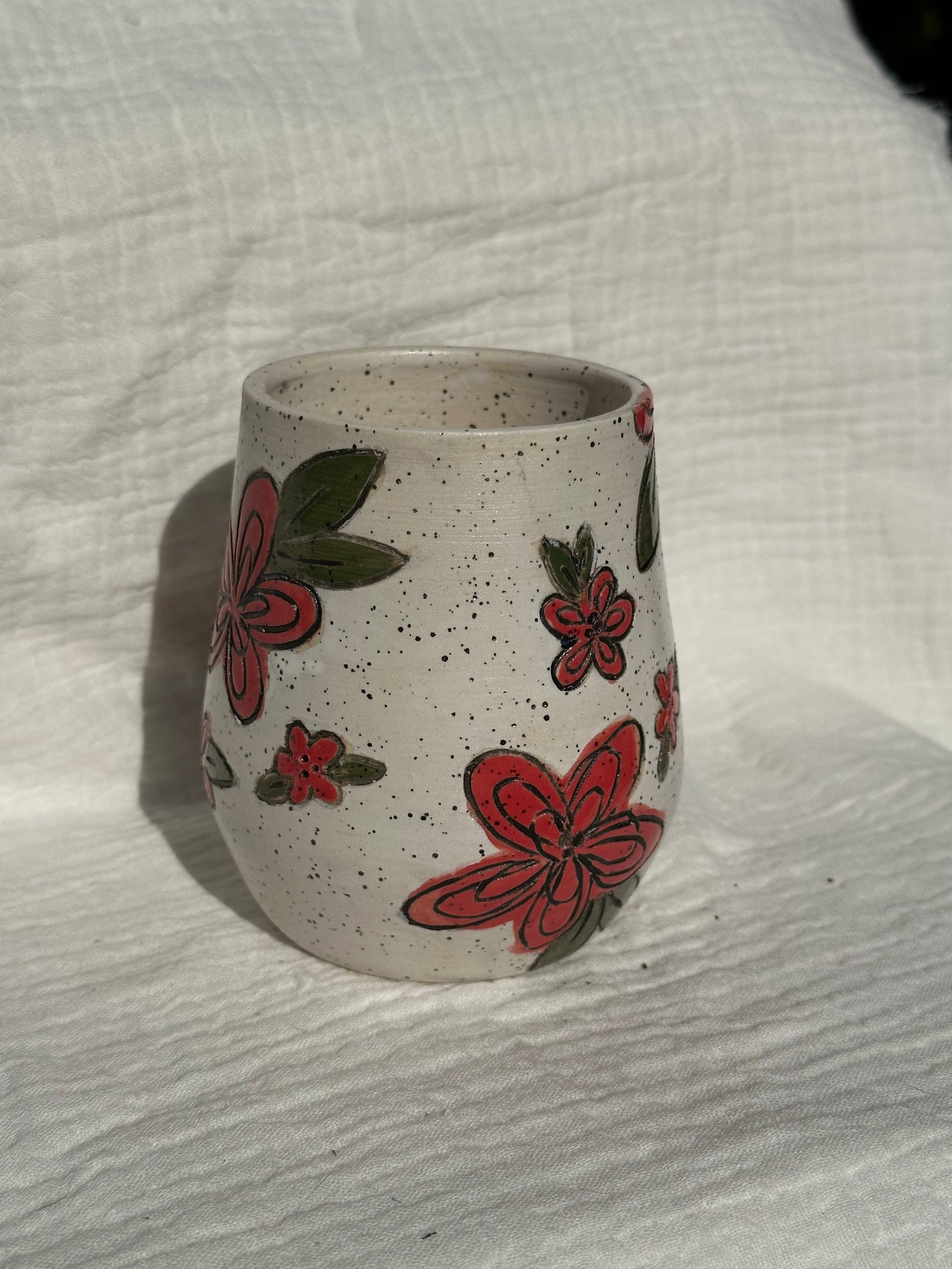 Ceramic Stoneware Carved Red Flowers Wine Whiskey Cup Botanical Floral Pottery Floral Tumbler