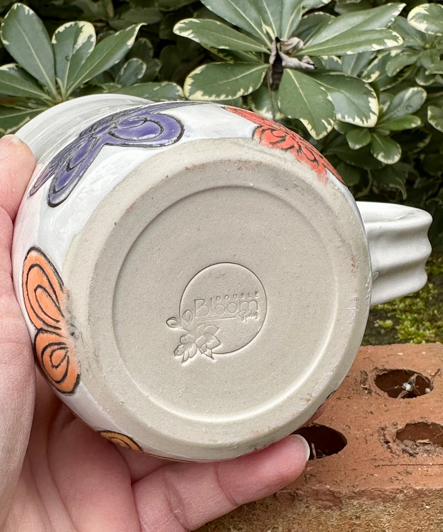 *Second* Ceramic Stoneware Carved Blue, Orange and Yellow Flowers Coffee Tea Mug Cup Botanical Floral Pottery