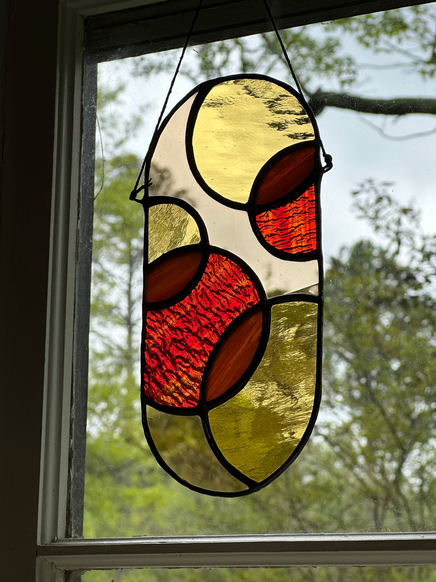 Stained Glass Yellow Red Amber Geometric  Circles Suncatcher Window Decoration Glass Art Gift Sun Catcher