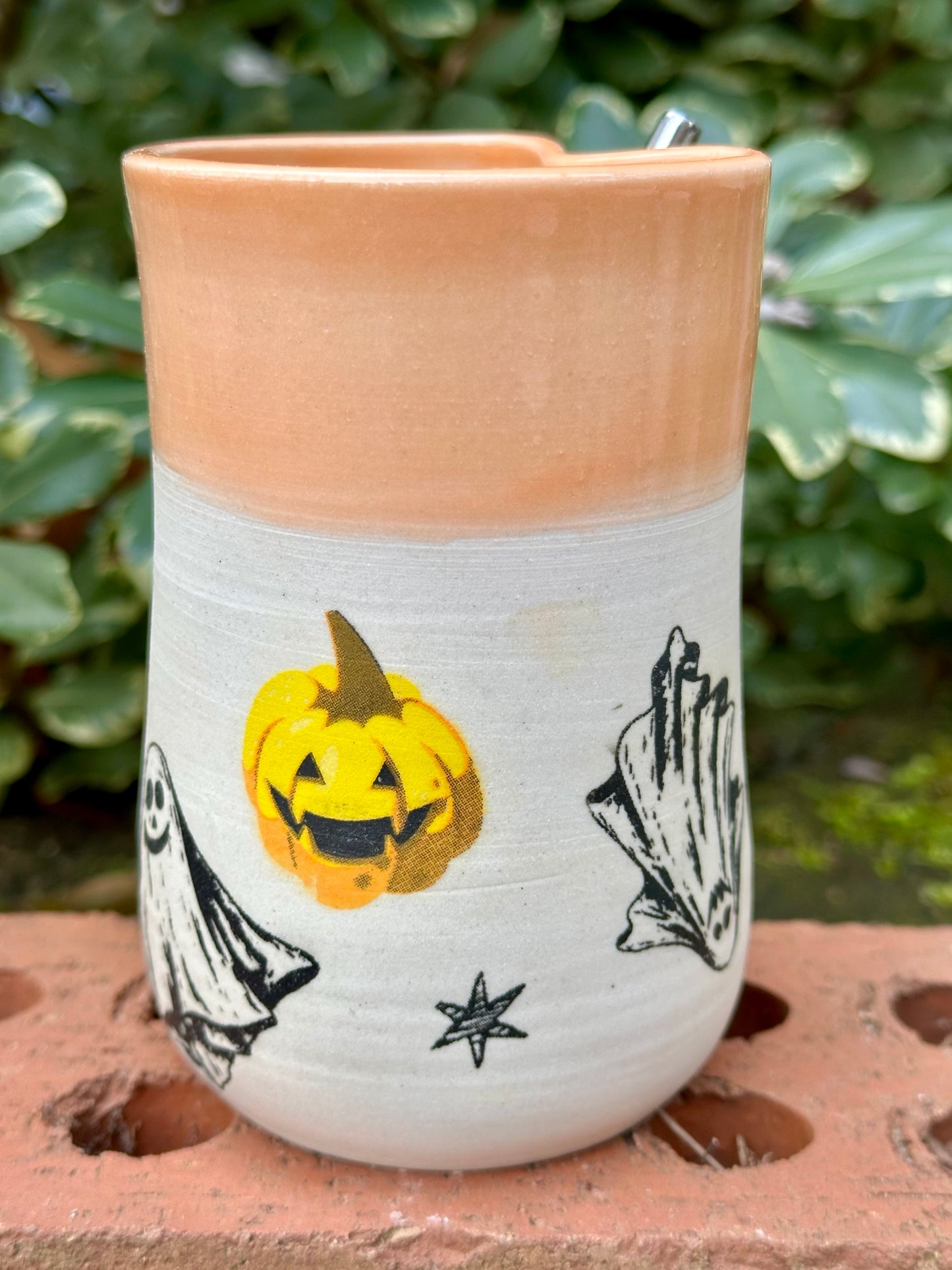 Ceramic Stoneware Halloween Sipper Cup #2 with Straw Coffee Tea Mug Cup Pottery