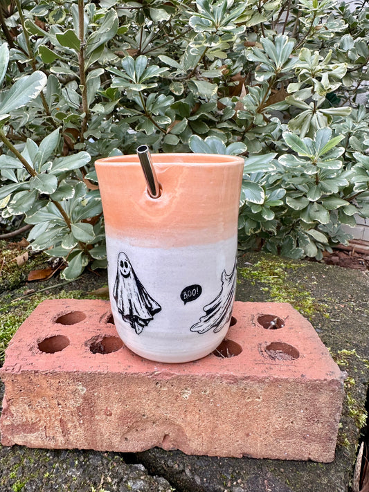 Ceramic Stoneware Halloween Sipper Cup #3 with Straw Coffee Tea Mug Cup Pottery