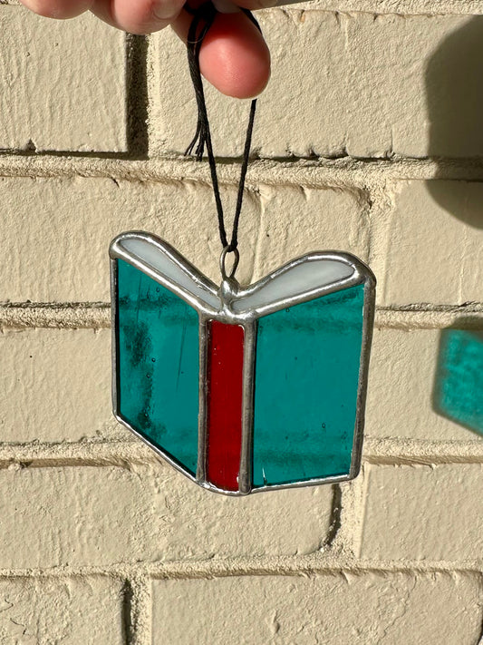 Ready to ship Stained Glass Small Red and Teal Book Suncatcher Window Decoration Glass Art Gift
