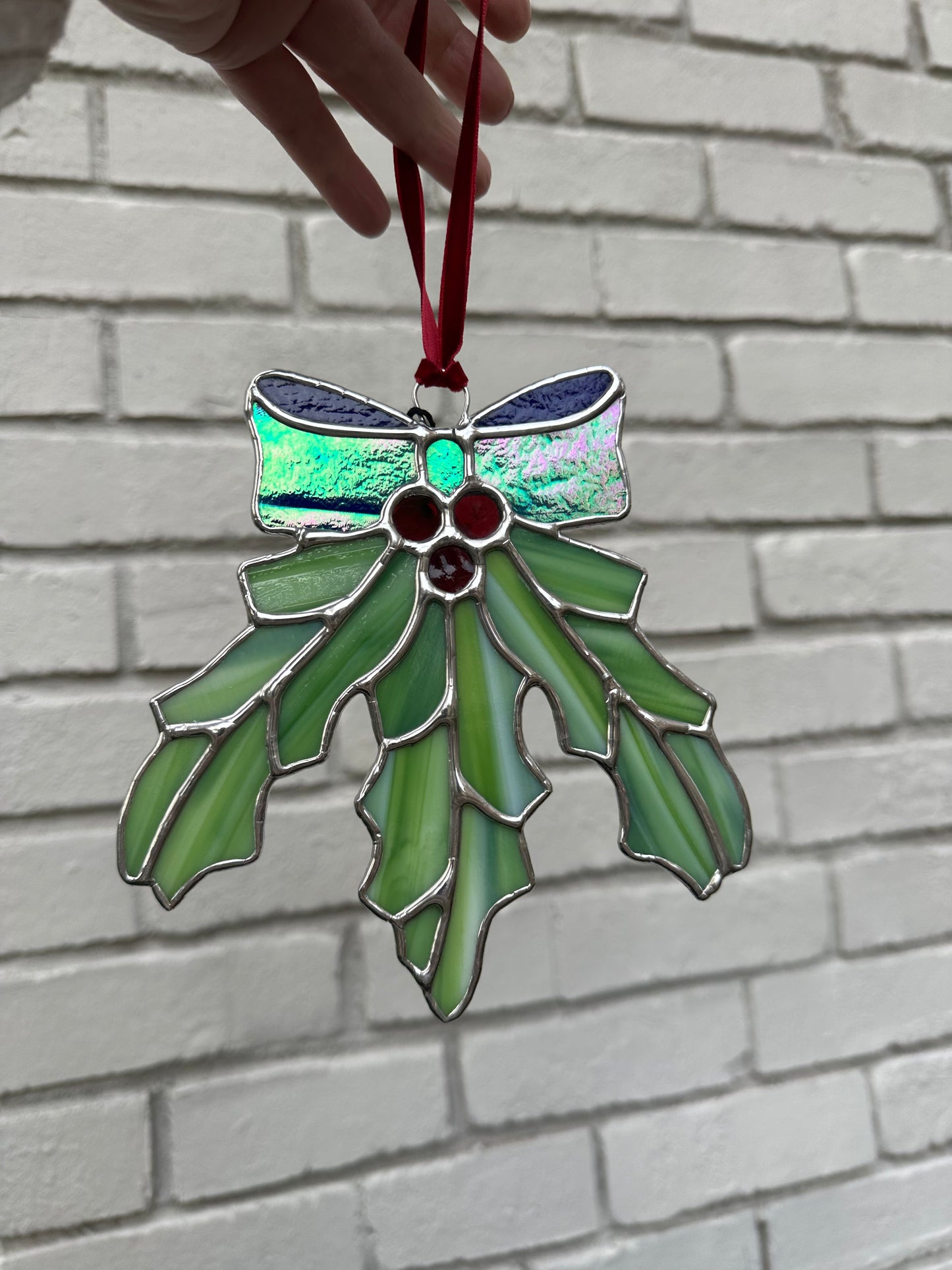 Ready to ship Stained Glass Holly Mistletoe Holiday Garland with Bow Suncatcher Window Decoration Glass Art Plant Lover Gift