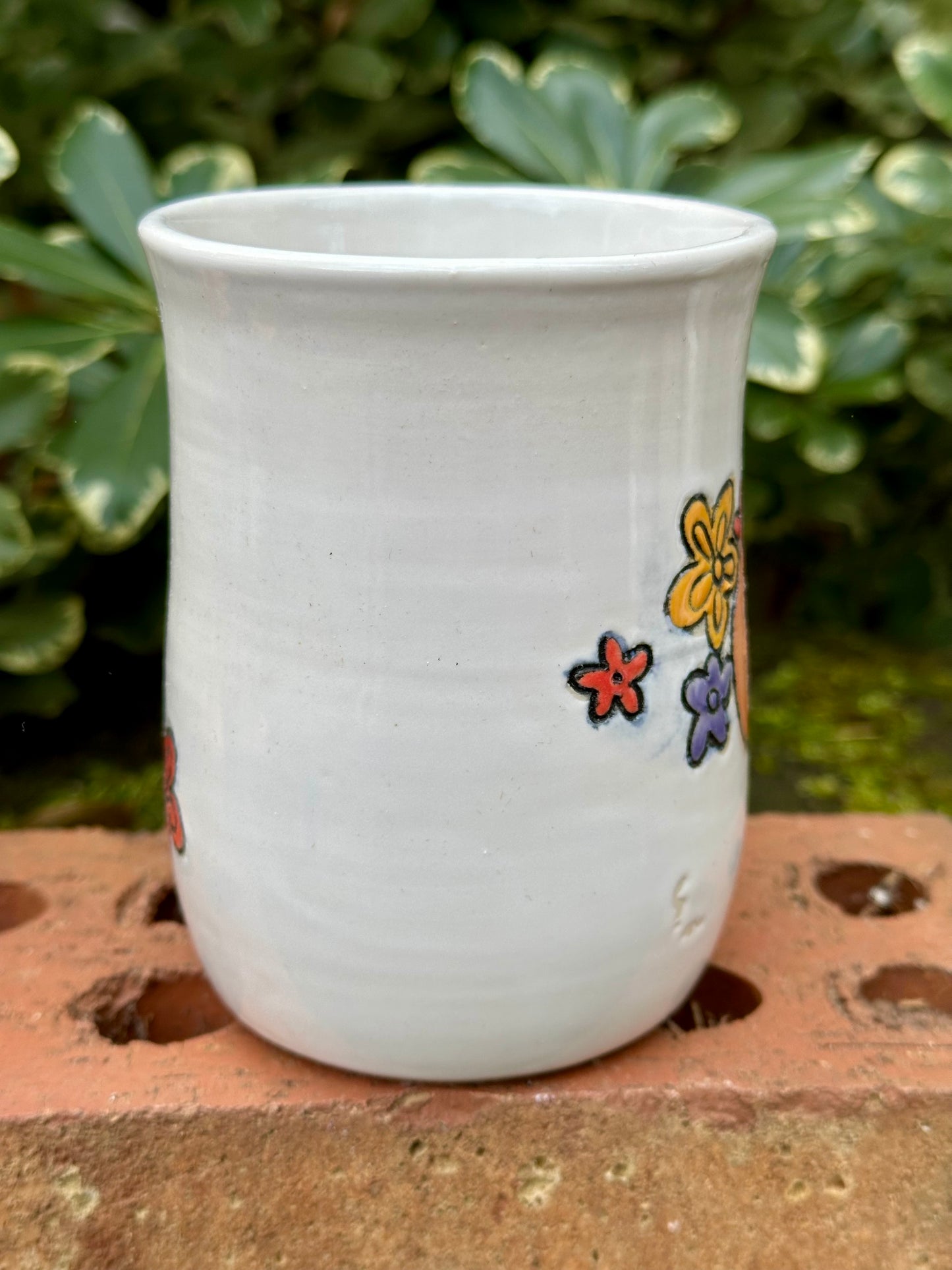 *Second* Ceramic Stoneware Carved Pumpkin with Blue, Orange and Yellow Flowers Coffee Tea Mug Cup Botanical Floral Pottery
