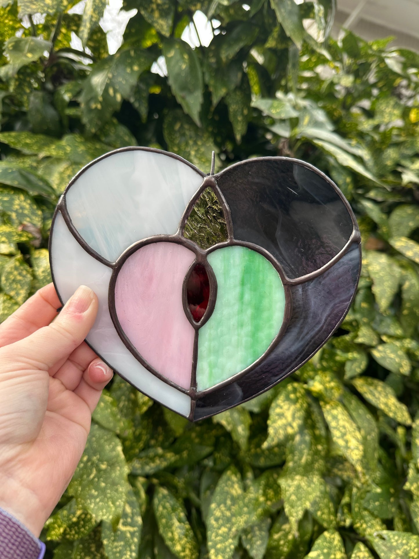 Large Handmade Stained Glass Valentine’s Day Heart Suncatcher Sun Catcher Window Decoration Glass Art Gift Black Green Red Pink White Galentine’s Day Gal Pal Wicked