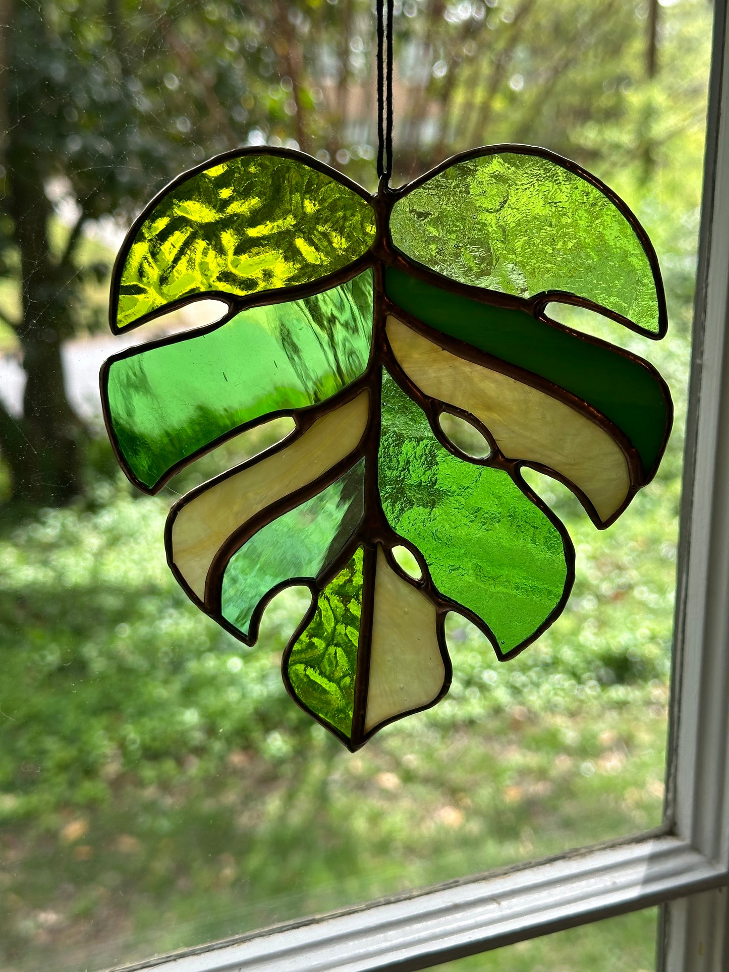 Stained Glass Monstera Leaf Copper Patina Suncatcher Window Decoration Glass Art Plant Lover Gift