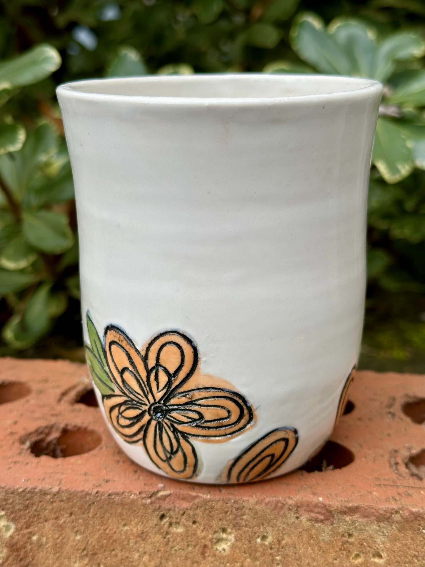 Ceramic Stoneware Carved Orange Flowers Coffee Tea Mug Cup Botanical Floral Pottery Floral Pride