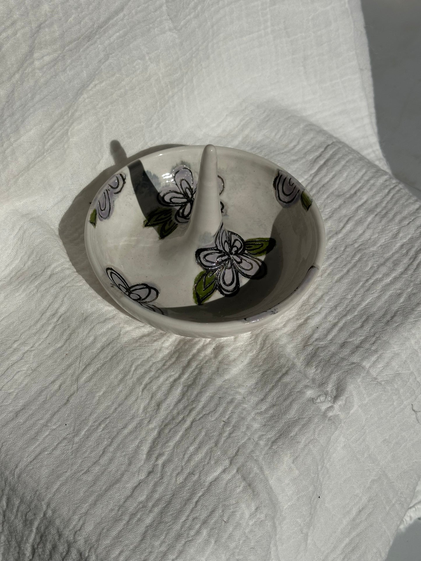 Ceramic Stoneware Carved Ring Dish Botanical Floral Pottery Floral