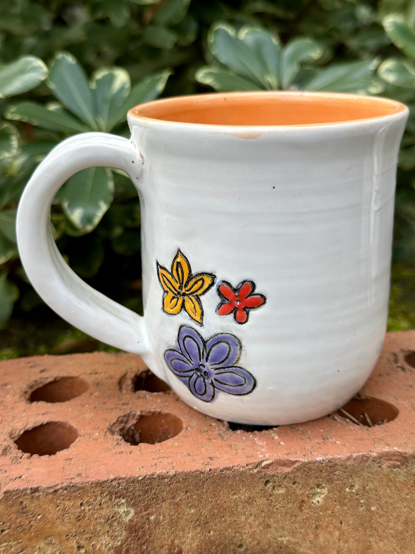 *Second* Ceramic Stoneware Carved Pumpkin with Blue, Orange and Yellow Flowers Coffee Tea Mug Cup Botanical Floral Pottery