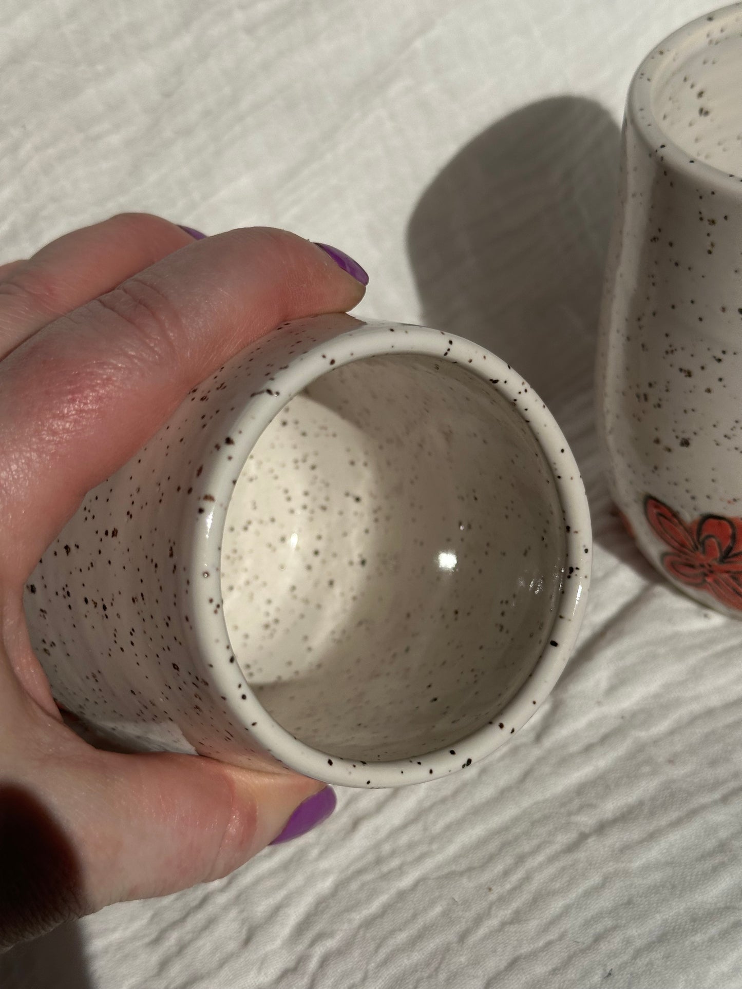 Set of 2 Ceramic Stoneware Red Oeange Carved Flowers Wine Whiskey Cup Botanical Floral Pottery Floral Tumbler
