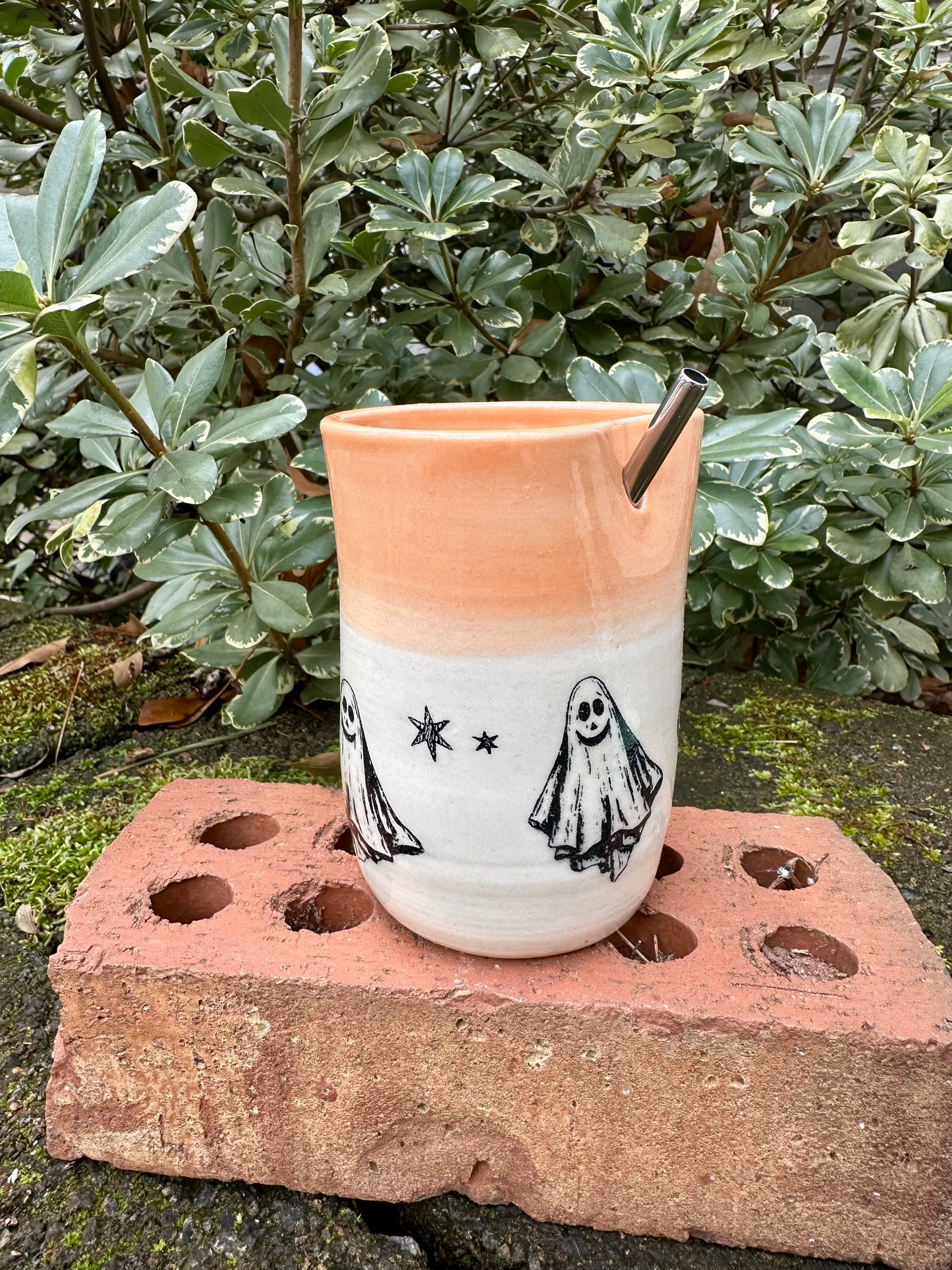 Ceramic Stoneware Halloween Sipper Cup #3 with Straw Coffee Tea Mug Cup Pottery