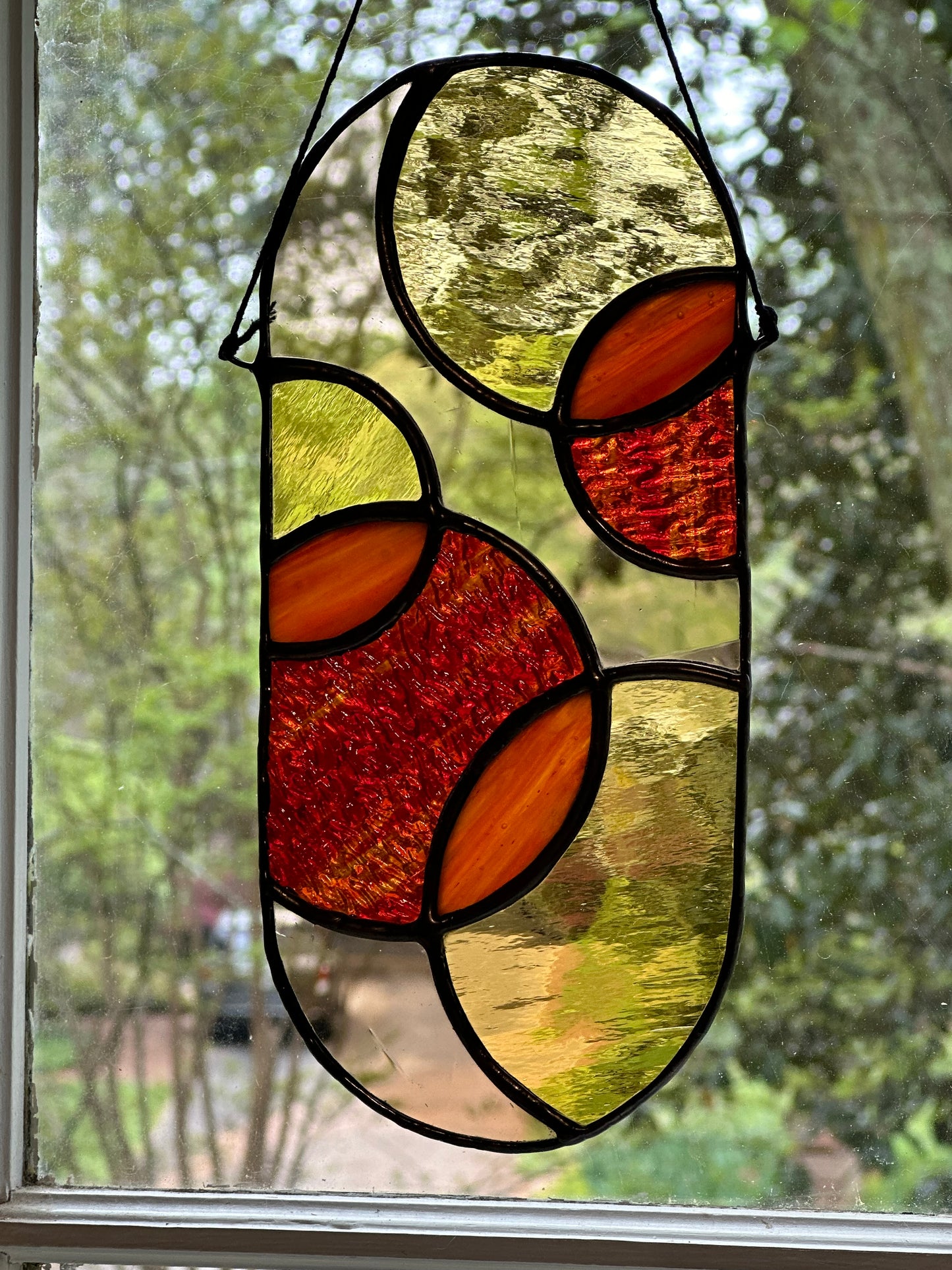Stained Glass Yellow Red Amber Geometric  Circles Suncatcher Window Decoration Glass Art Gift Sun Catcher