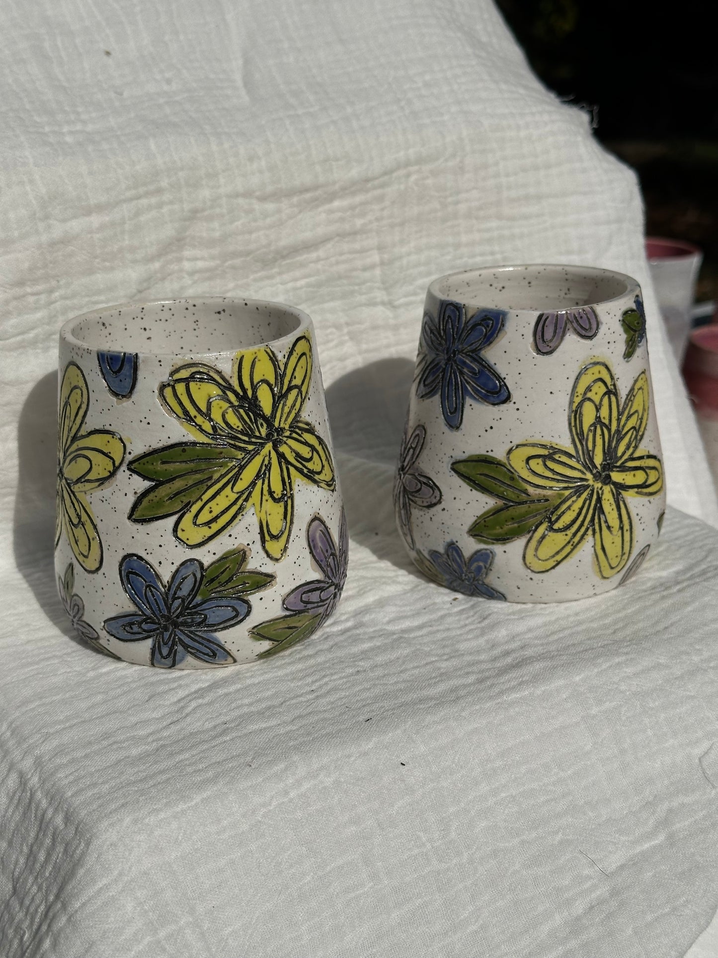 Set of 2 Ceramic Stoneware Carved Flowers Wine Whiskey Cup Botanical Floral Pottery Floral Tumbler