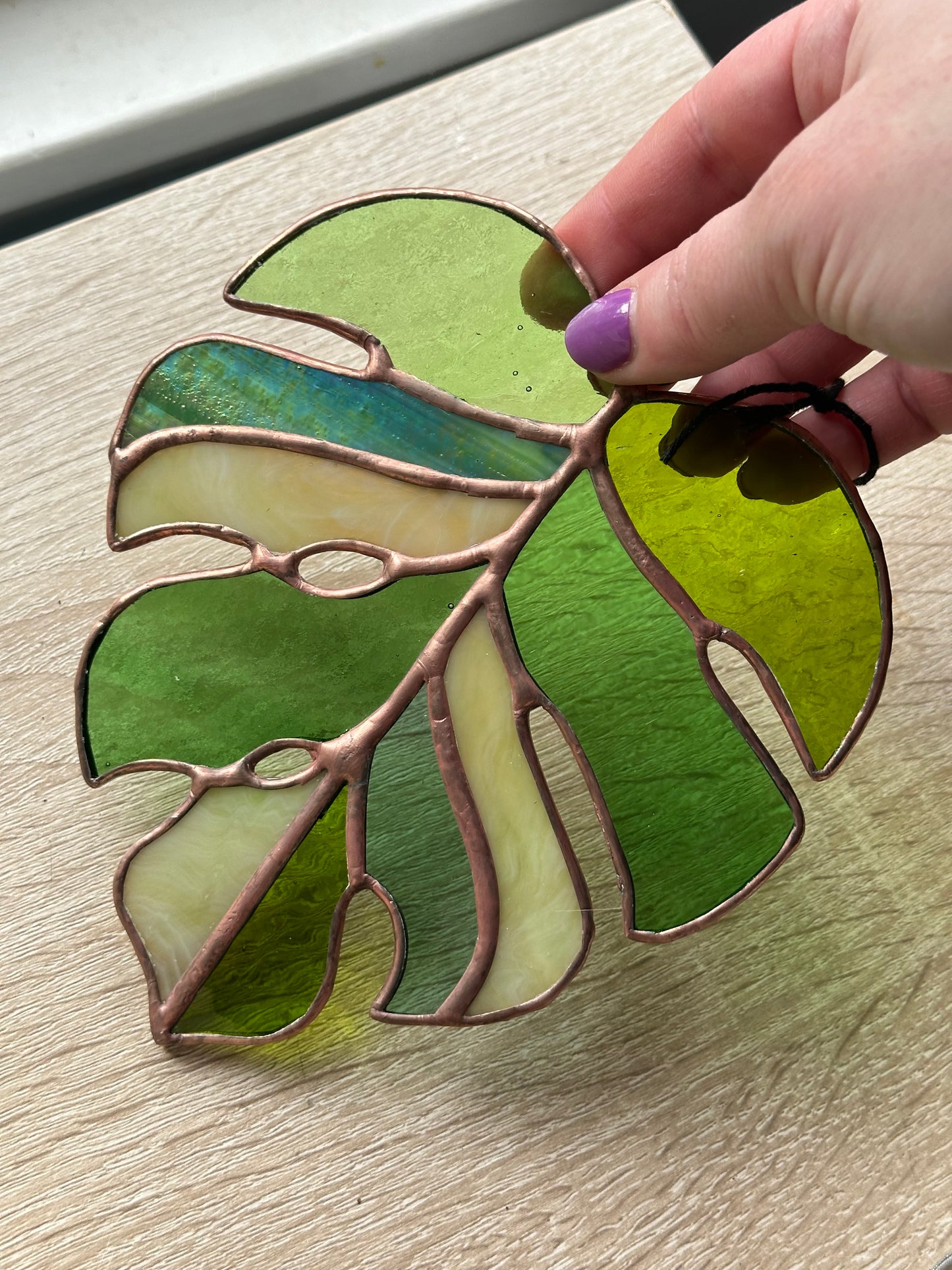 Stained Glass Monstera Leaf Copper Patina Suncatcher Window Decoration Glass Art Plant Lover Gift