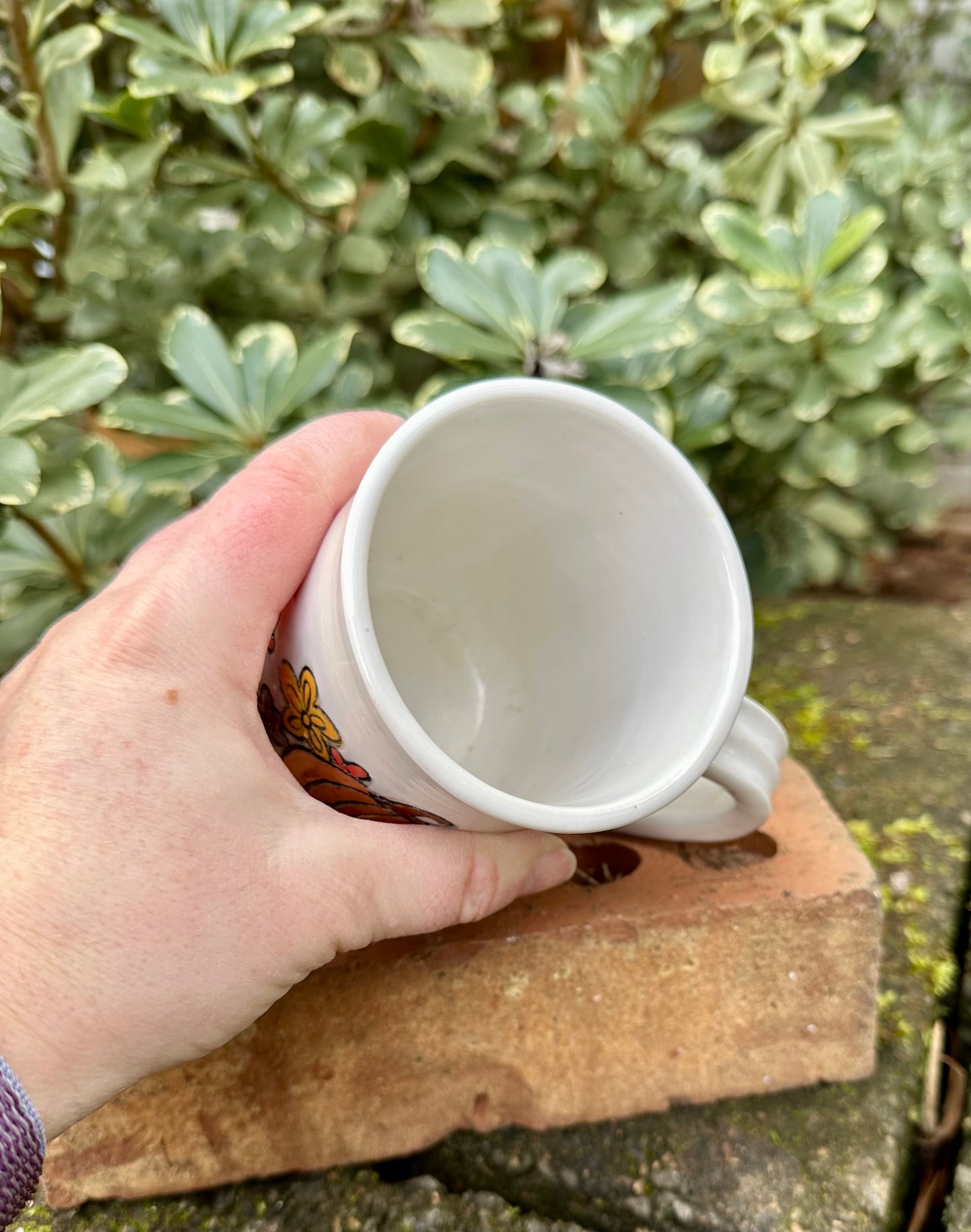 *Second* Ceramic Stoneware Carved Pumpkin with Blue, Orange and Yellow Flowers Coffee Tea Mug Cup Botanical Floral Pottery