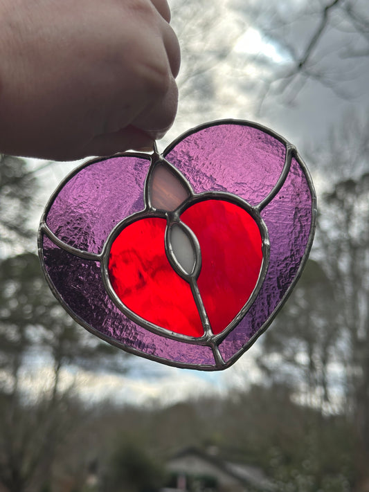Handmade Stained Glass Valentine’s Day Heart Suncatcher Sun Catcher Window Decoration Glass Art Gift Purple Red Pink White Galentine’s Day Gal Pal