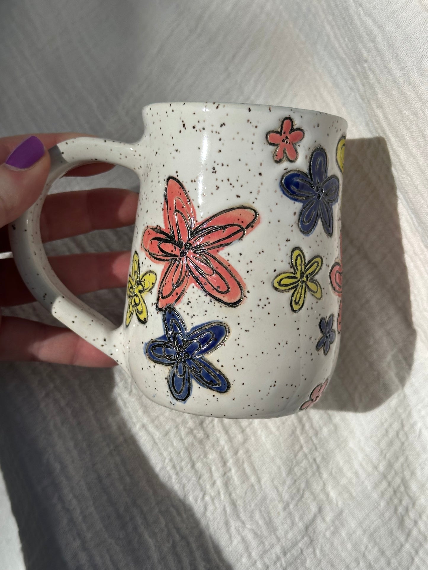 Ceramic Stoneware Carved Pink Yellow and Blue Multi Colored Flowers Coffee Tea Mug Cup Botanical Floral Pottery Floral Pride