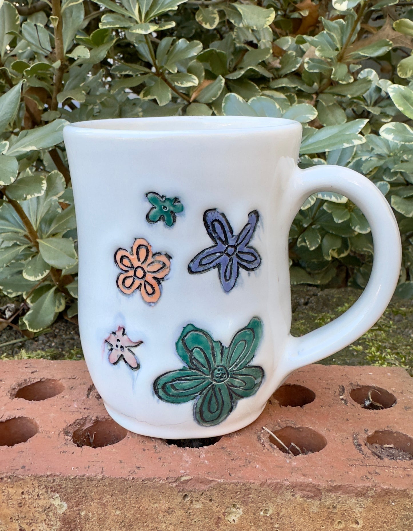 Ceramic Stoneware Carved Orange, Green, Blue and Pink Flowers Coffee Tea Mug Cup Botanical Floral Pottery Floral Pride