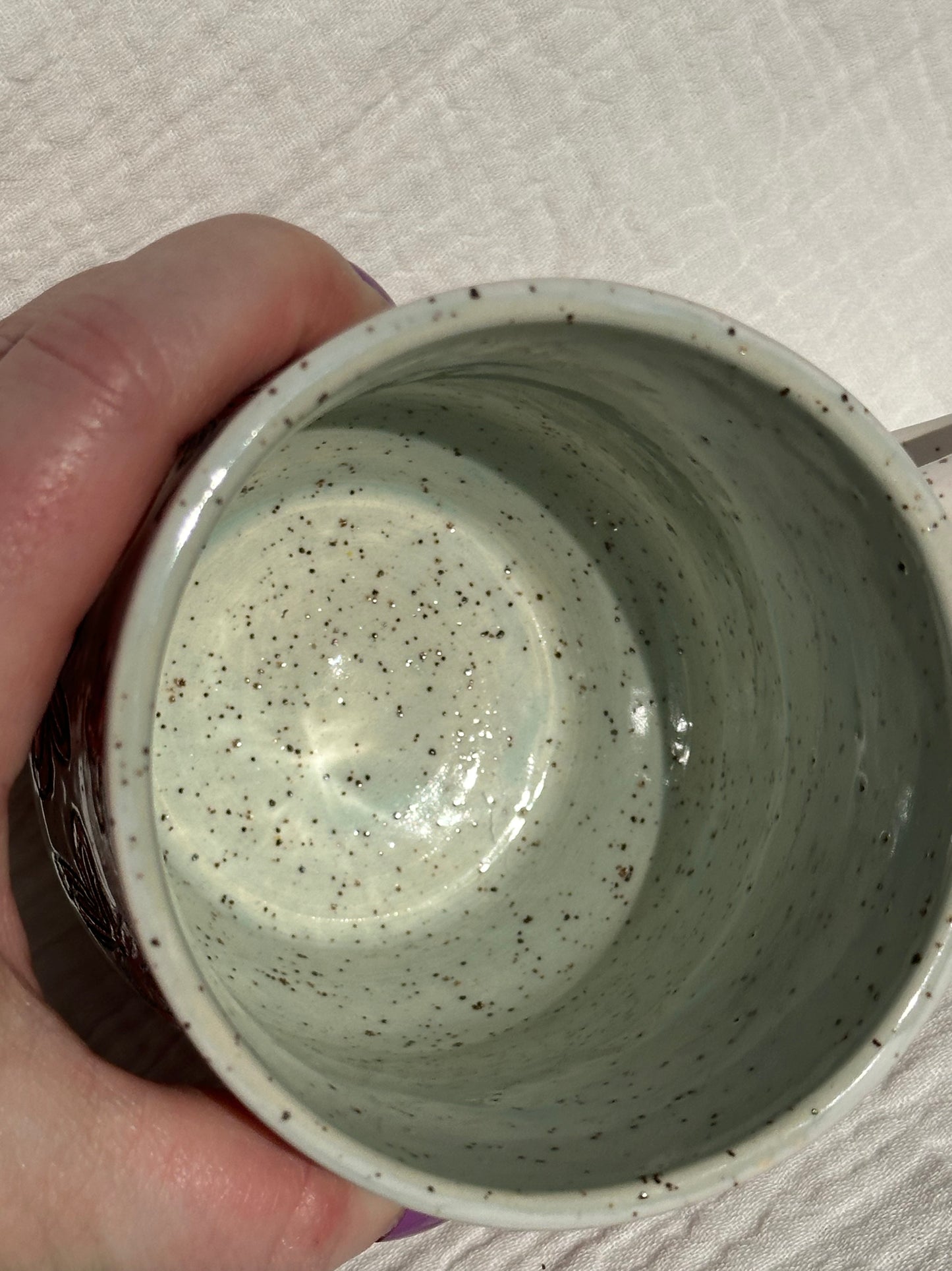 Ceramic Stoneware Carved Red Flowers Coffee Tea Mug Cup Botanical Floral Pottery Floral