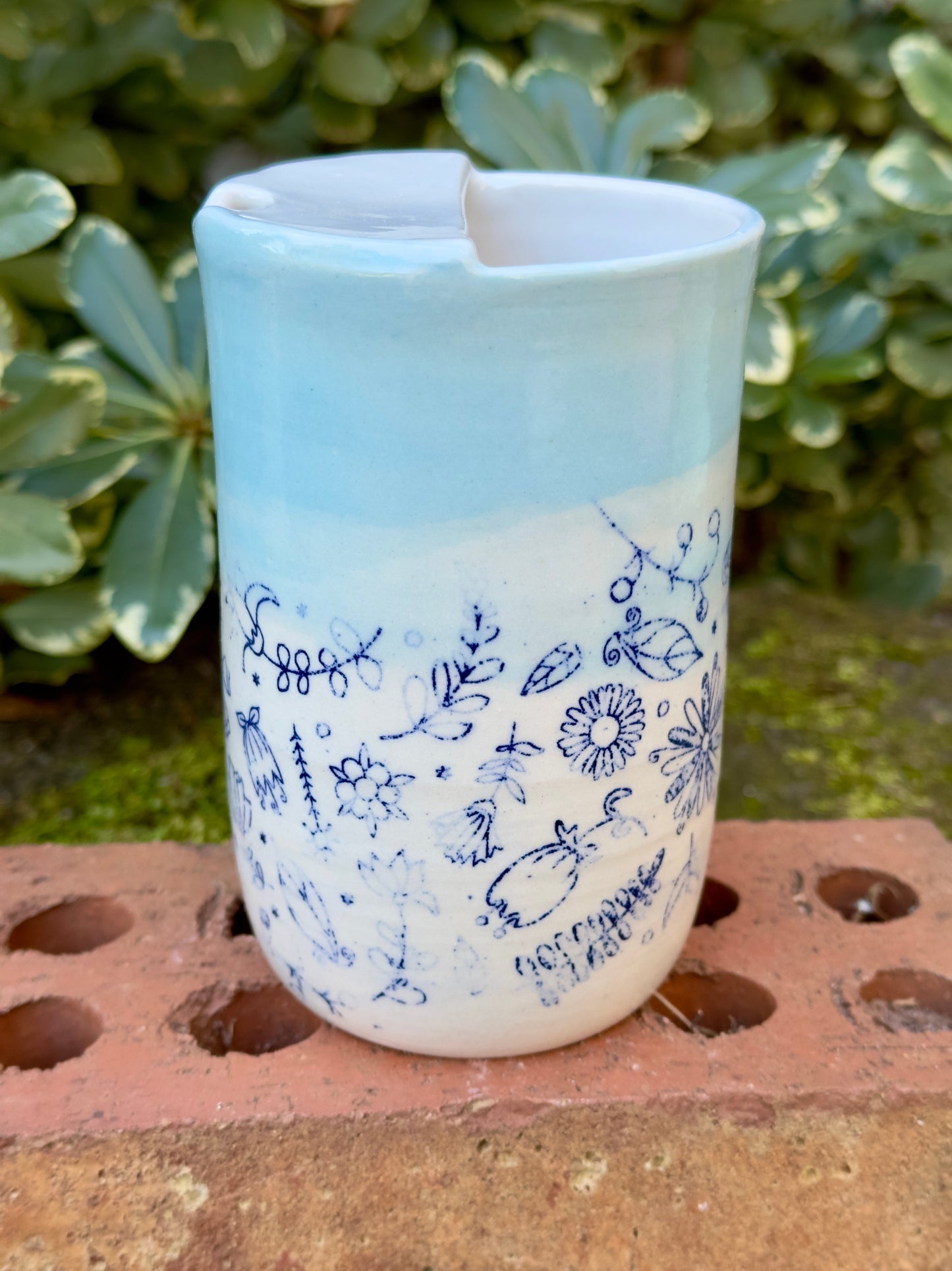 Ceramic Stoneware Blue Flowered Floral To-Go Cup Tumbler Pottery