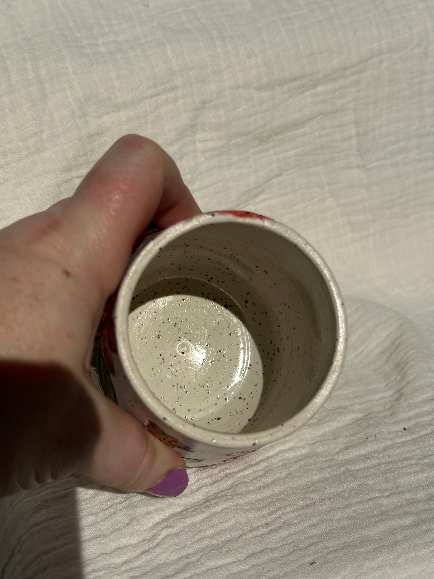 Ceramic Stoneware Carved Red Flowers Wine Whiskey Cup Botanical Floral Pottery Floral Tumbler